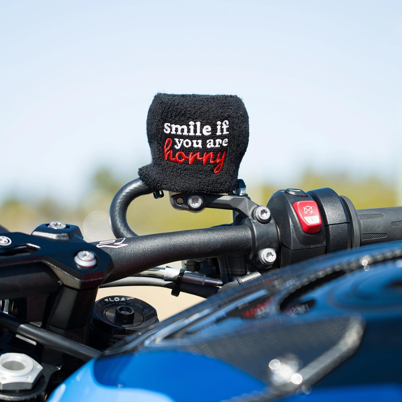 Brake Fluid Reservoir Cover Sock for Motorcycles, Sporbikes and Gifts by Moto Loot (Smile If You're Horny)