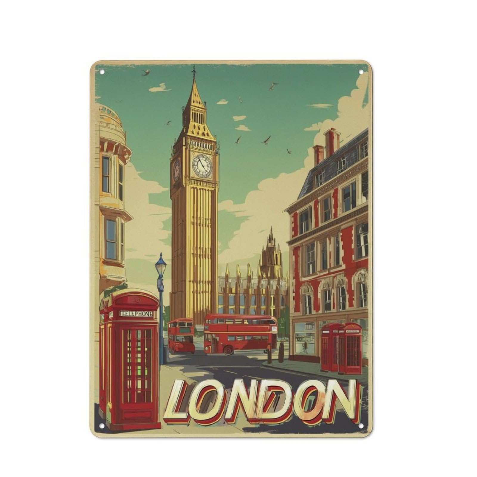 Junmoney Iconic London Scene Printed Metal Sign 40X30cm For Guest Room Or Hallway, Suited To Home Decor Collectors