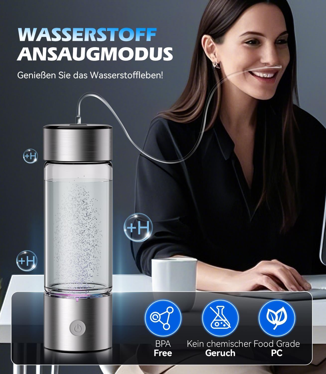 2 In 1 Neuer Wasserstoff-Wasserflasche【SGS-zertifiziert - 5000PPB】【Neu SPE PEM-Technologie】Doppelte Wasserstoffkonzentration, Wasseraufbereitung in 3 Minuten, 450ml Silver
