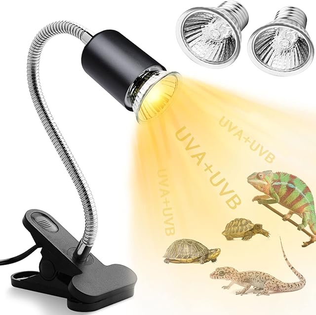 Reptile Aquarium Heat Lamp Turtle Lights Clip, 2 Uva Uvb Bulbs (50W) Basking Lamp Adjustable Holder, Pet Heating Light Lamp for Reptile Turtle Lizard Snake