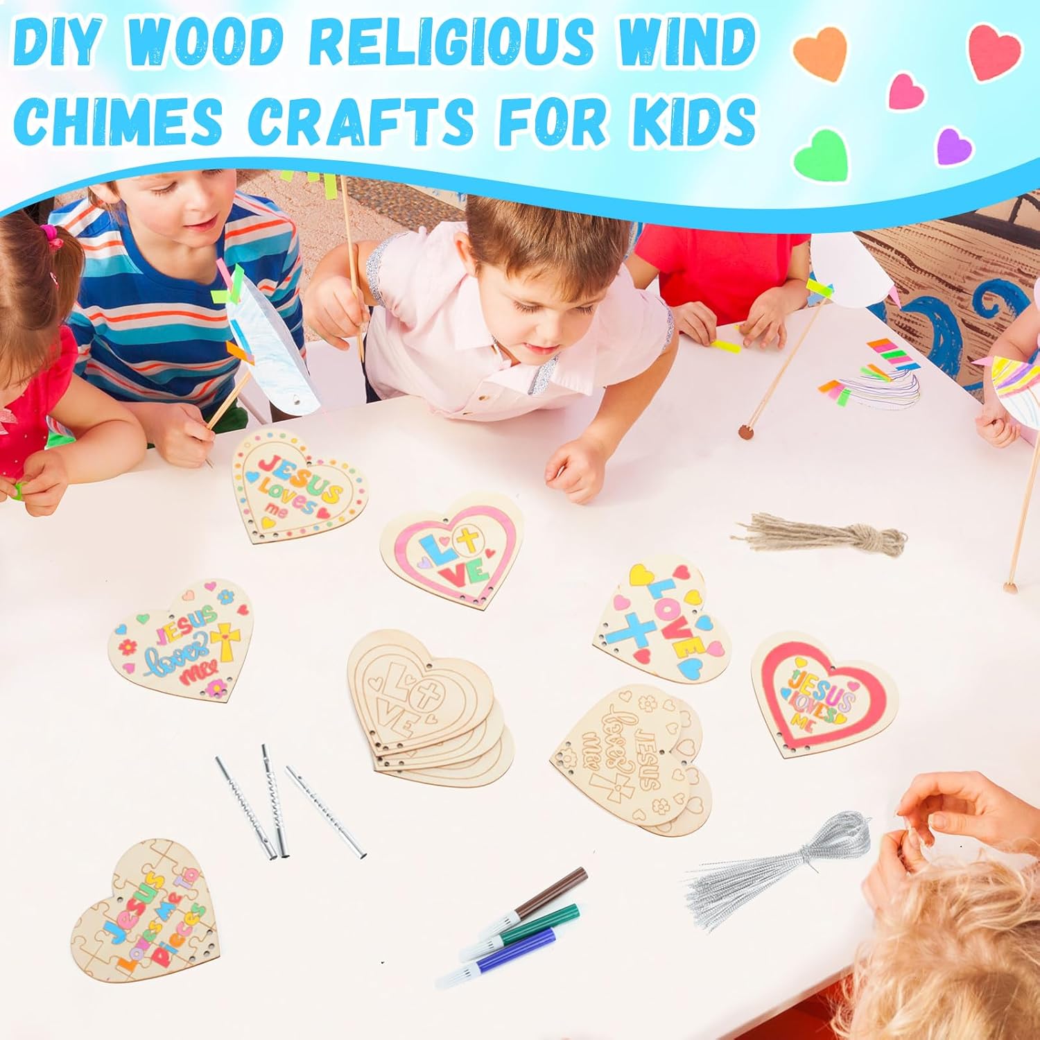 Blueweenly 24 Pcs Wood Christian Crafts for Kids Religious Bible Vbs Sunday School Craft Jesus Loves Me Ornament DIY Wind Chime Kit with Marker for Easter Art Party Decor Gift(Love)