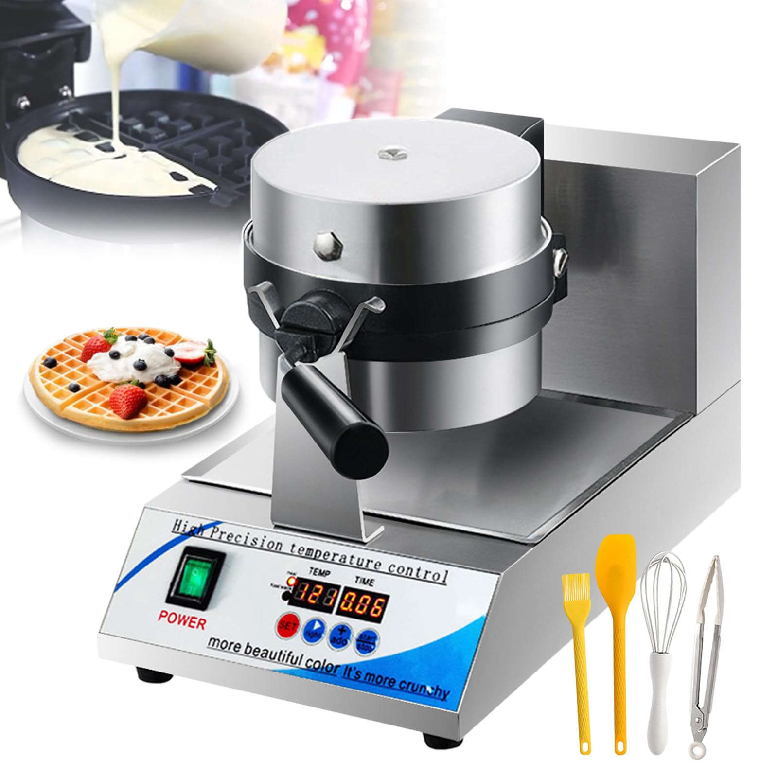 Gofrera De Calentamiento Por Ambos Lados De 1200 W, Temporizador Digital (0-299 °C), Gofrera Redonda, Antiadherente, Para Cafeterías, Pastelerías Y Repostería Casera, Con Kit De Repostería