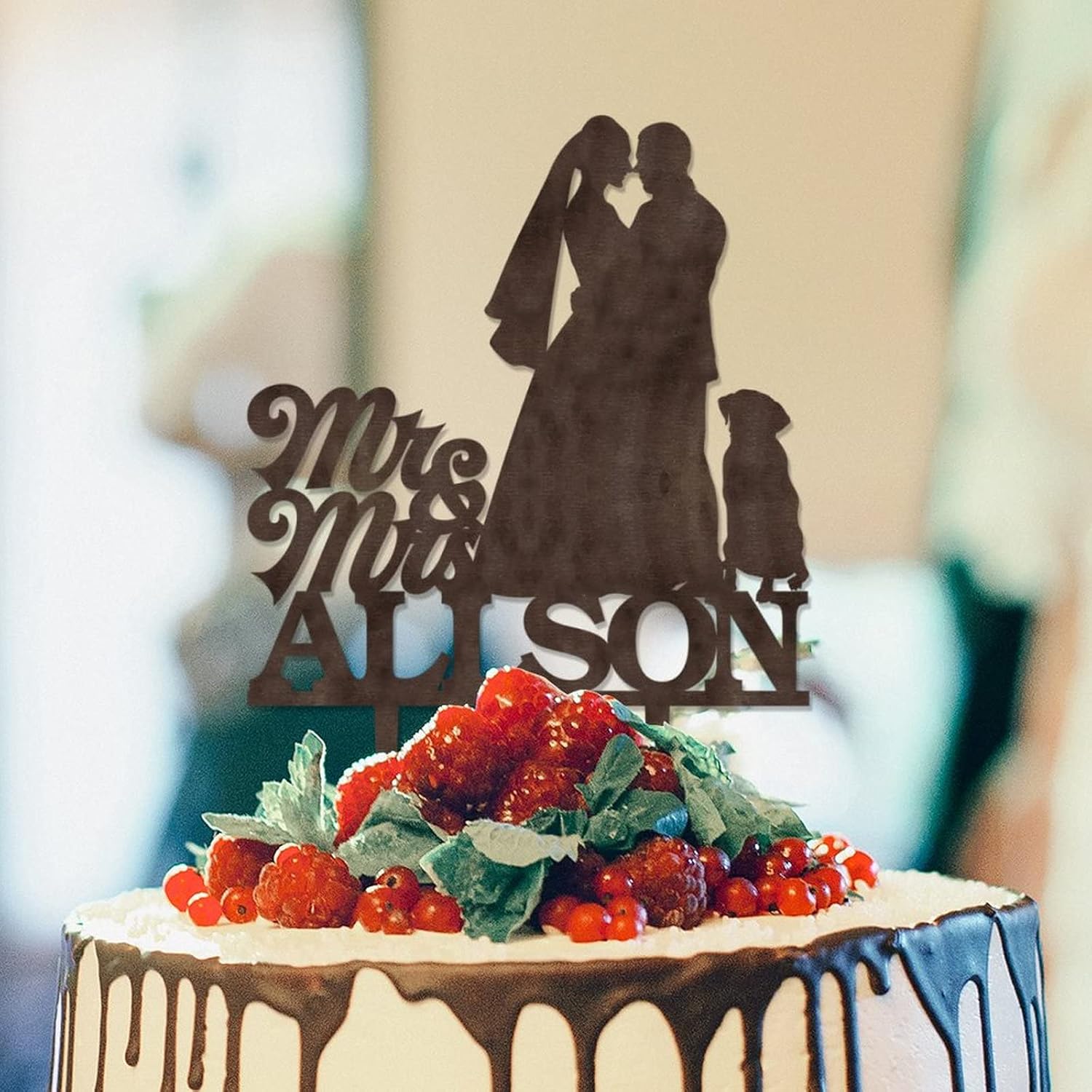 Bride And Groom Silhouette Rustic Wedding Cake Topper With Pug Dog And Border Collie Personalized Mr & Mrs Cake Topper Engagement Wedding Cake Toppers Wood Brown Custom Cake Topper