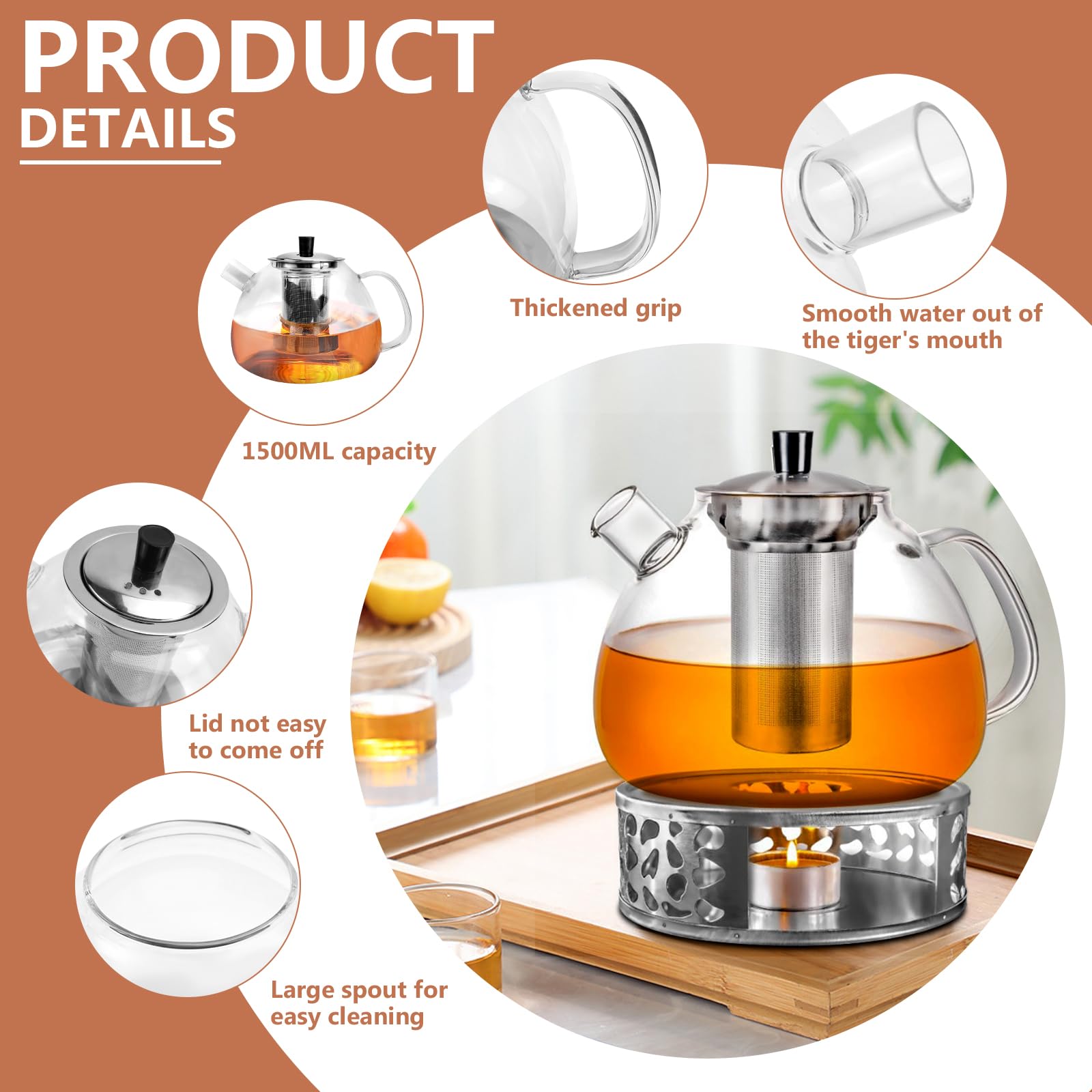 1500ML Teekanne mit Siebeinsatz aus Glas, mit Stövchen, Teapot with Strainer, Teekanne mit Teelicht Wärmer, für Losen Tees Fruchttee Duftender Tee (GlasteekanneSet)