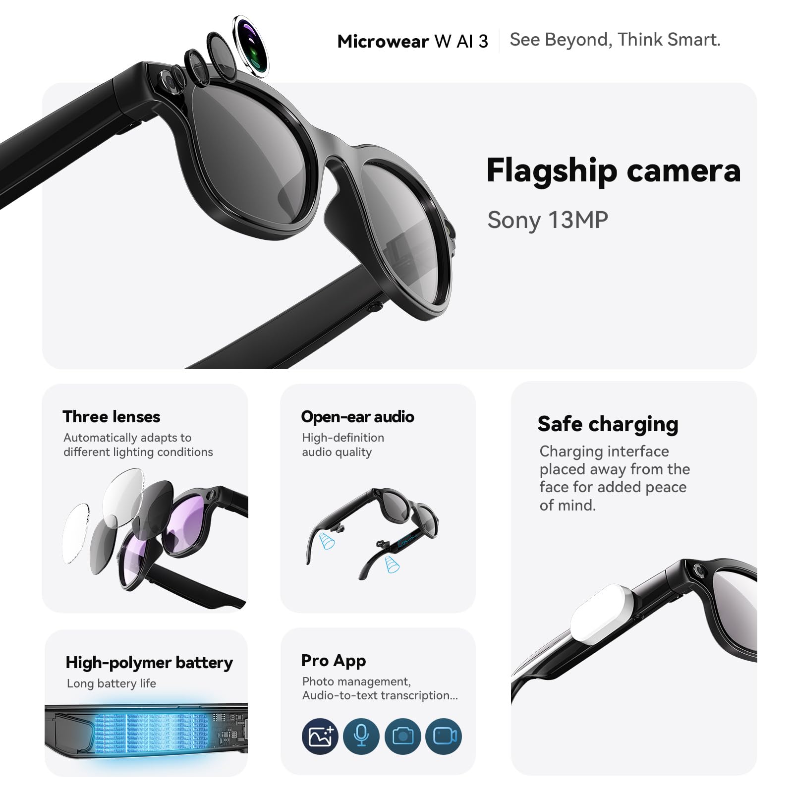 Lunettes Intelligentes avec Caméra IA Sony 13MP EIS Vidéo Audio Ouvert Traduction Recharge Magnétique Verres Photochromiques Bluetooth pour Affaires Voyage Vélo Travail Cadeau