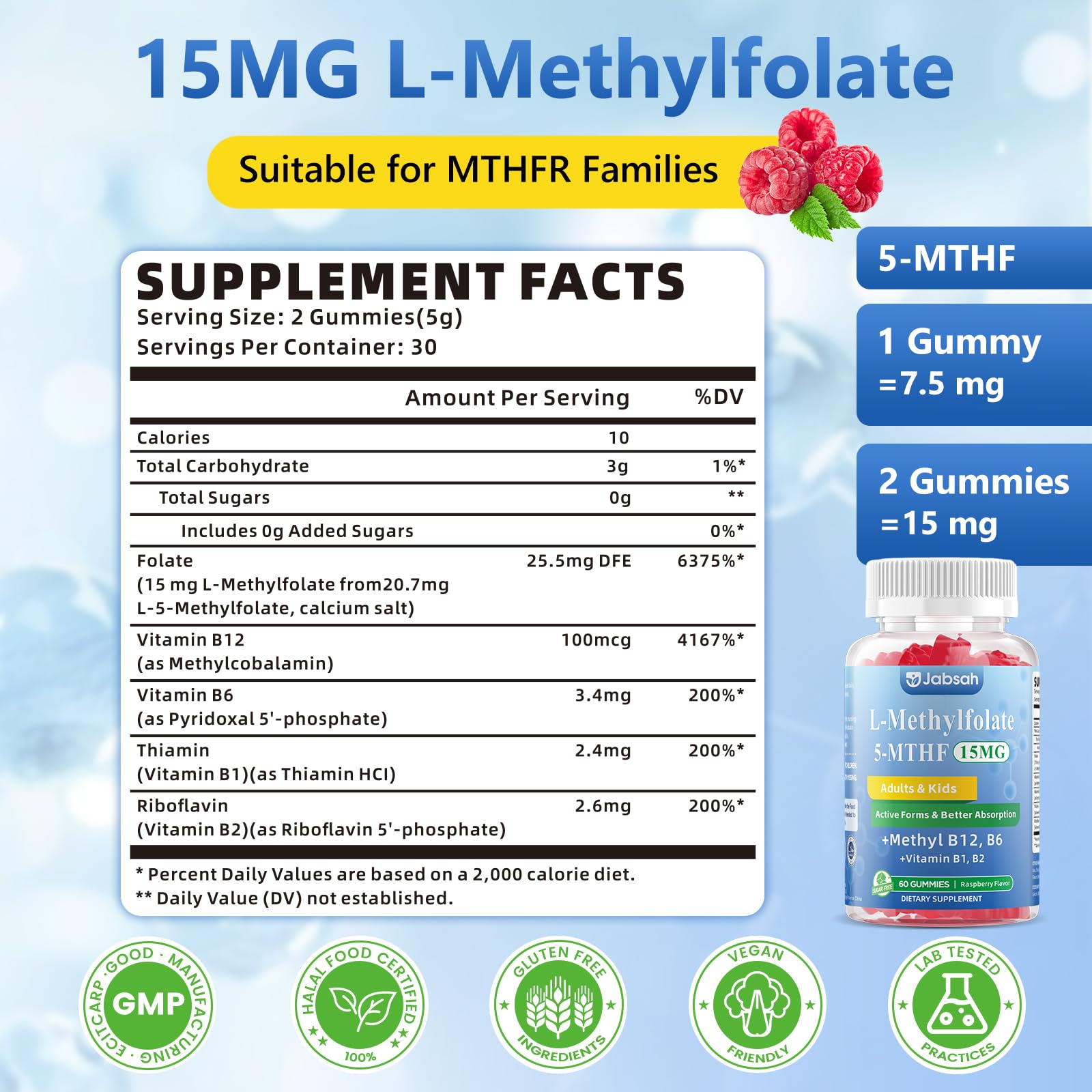 L-MethylFolate 15mg+ Methyl B12 Gummies for Kids & Adults - Active 5-MTHF with Methyl B6, B1, B2 Multivitamin, Supports MTHFR Gene, Cognition, Focus, Vegan, Raspberry Flavor, 120 Count — Amazon image 2