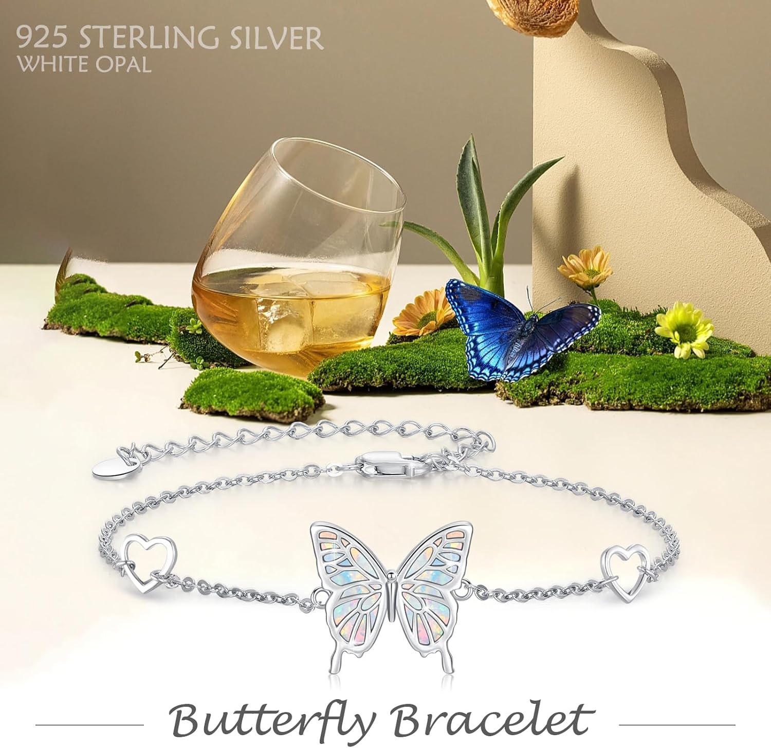 Butterfly Bracelet for Women 925 Sterling Silver Butterfly Bracelet Adjustable Bracelet with Opal/Abalone Butterfly Jewelry Gift for Women - Image 6
