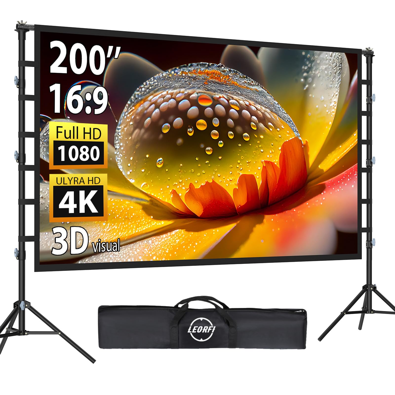 Photo 1 of 200 Inch Outdoor Projector Screen with Stand: LEORFI Large Projection Screen with Adjustable Tripod, Front & Rear Projection Wrinkle-Free Movie Screen with Transport Bag for Backyard Movie Night