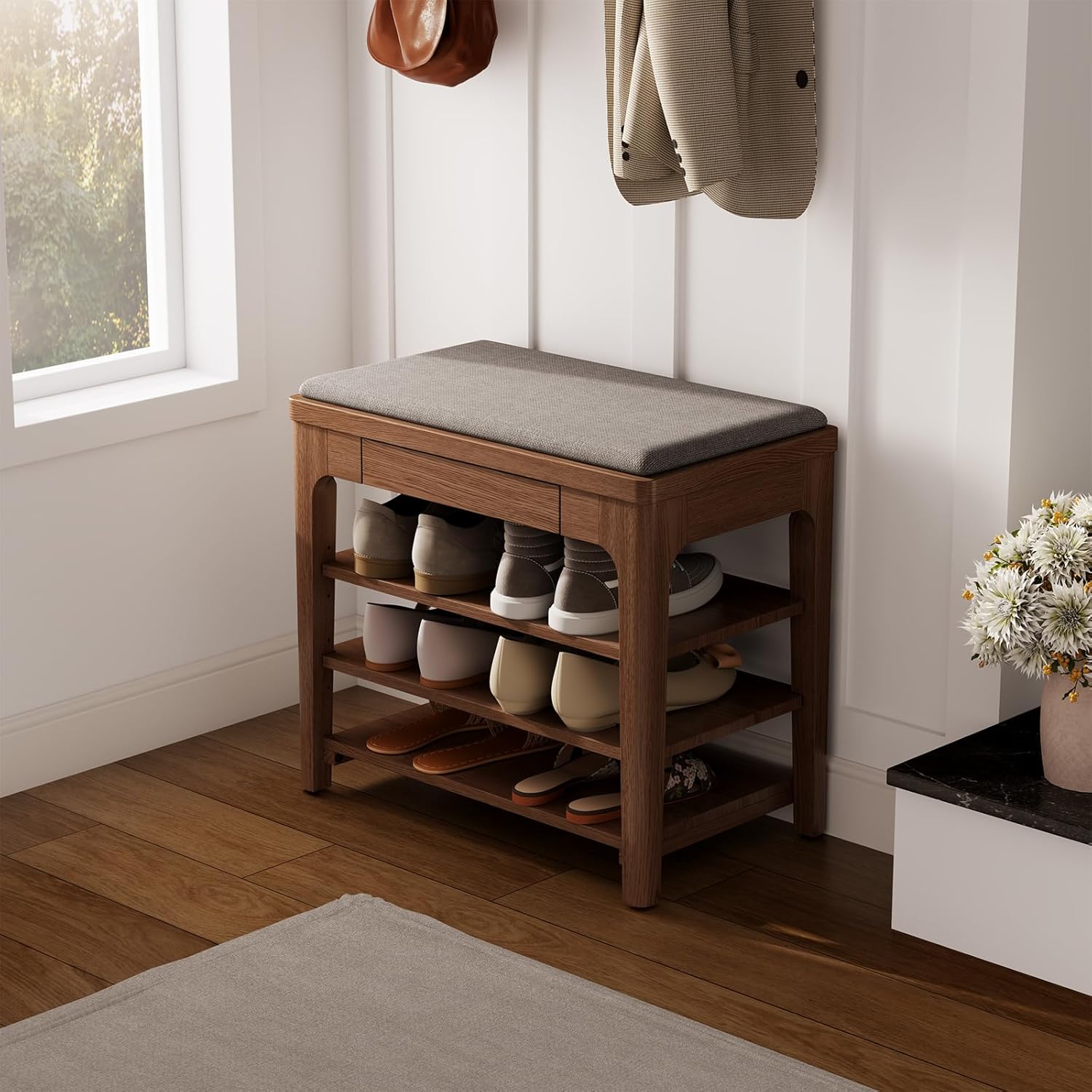 Small Shoe Bench with Storage, Wooden Shoe Storage Bench with Cushion&Hidden Drawer, 3-Tier Shoe Rack Bench for Entryway, Mudroom, Hallway 23.6''