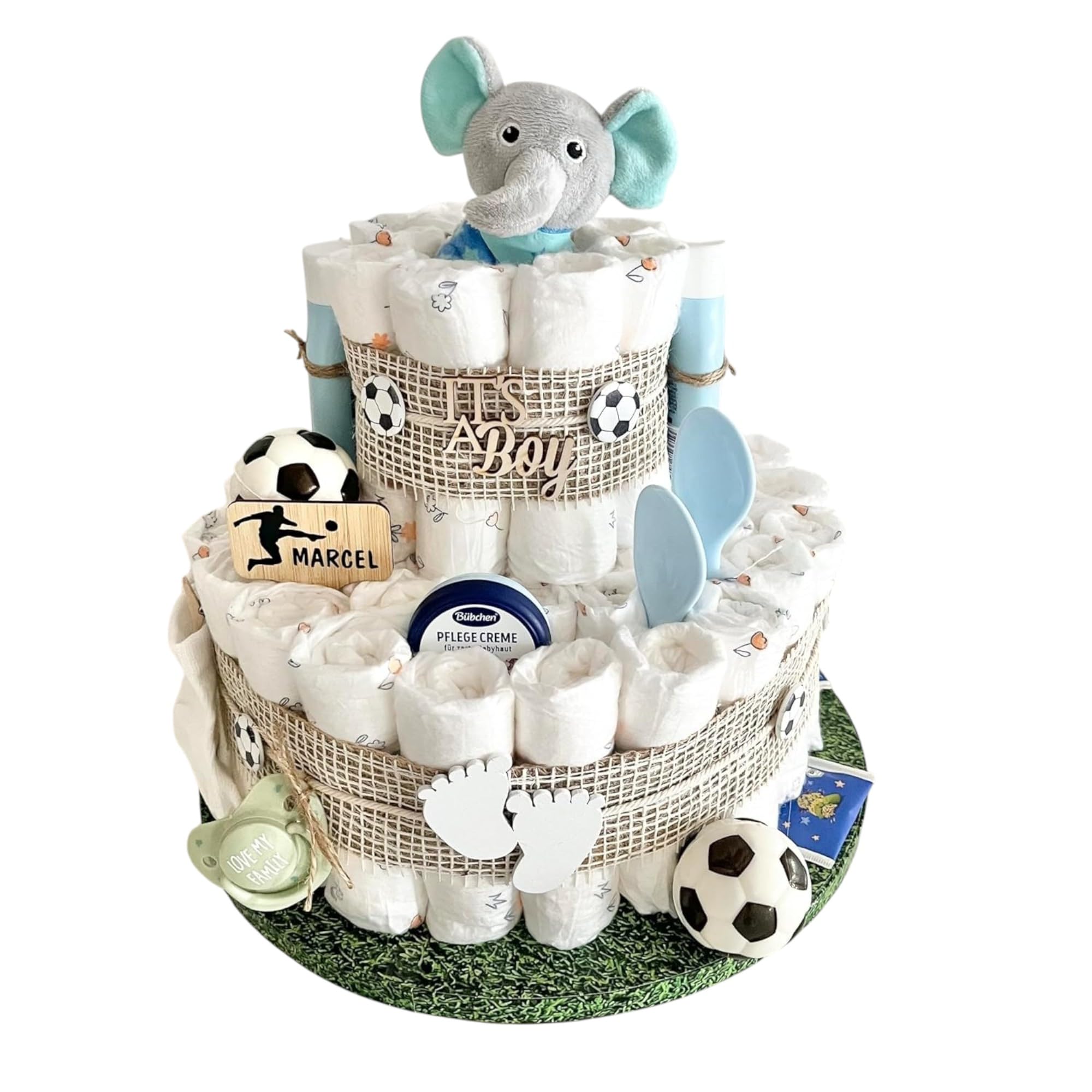 Windeltorte Fußball mit Elefant Socken Schnuller Löffel und mehr, für Jungen & Mädchen, Babytorte für Babyparty Babyshower Gender-Reveal, Namen personalisierbar, Baby Party Deko Dekoration