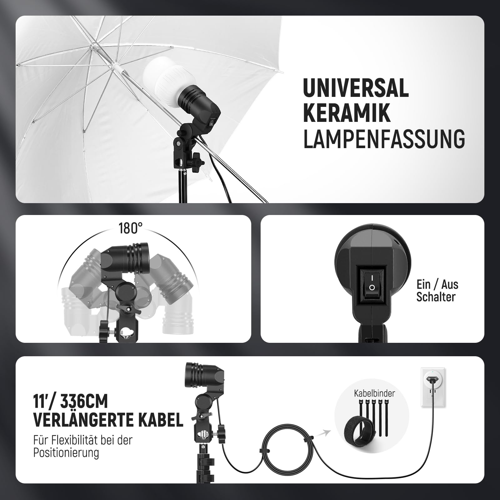NEEWER 600W Fotografie Beleuchtungsset, Glühlampen Äquivalent Studioset mit (2) Weißem Schirm, (2) Schwarzem Schirm, (3) 24W LED Birne (3) Lichtstativ (2) Tasche (5) Kabelbinder (3) E27 Sockel, NK500