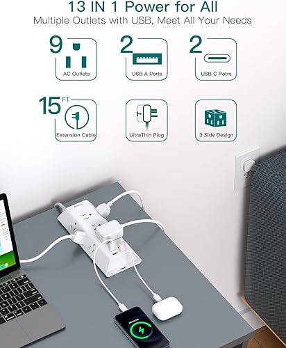 Miniatura 9 de Surge Protector Power Strip, Addtam 5 ft Flat Plug Extension Cord with 4 USB Wall Charger(2 USB C Port), 9 Widely Outlets Desk Charging Station,