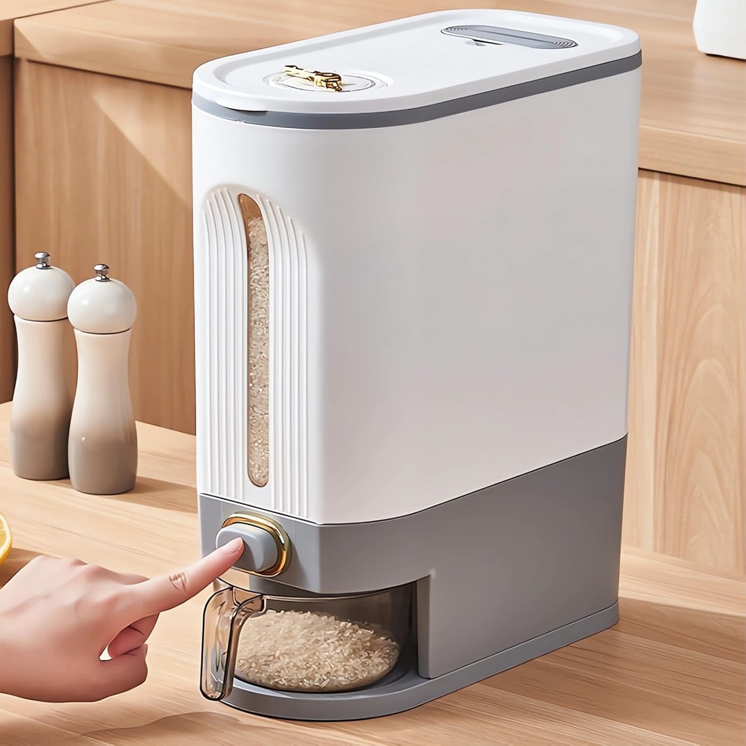Jiawu Rice Dispenser, 11 Lbs/22 Lbs Grain Container Storage with Lid, Household Cereal Dispenser Bucket, Food Dispenser Kitchen Organization for Rice, Beans, Grains, Small Dry Food (Gray L 10L)