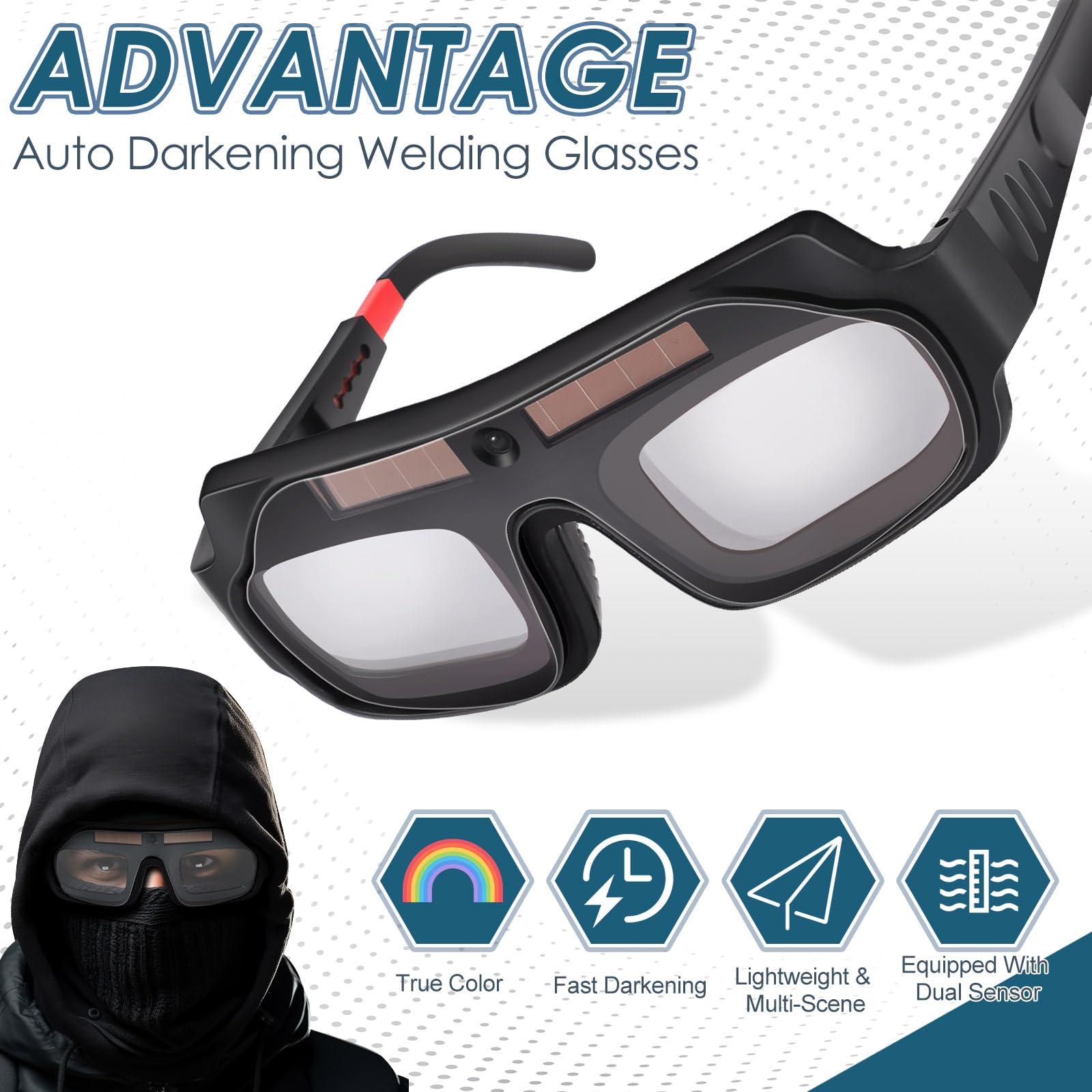 Tellegloww 1 juego de gafas de soldadura solar, gafas de soldadura con oscurecimiento automático, máscara de casco con lentes de repuesto (lentes de color real)