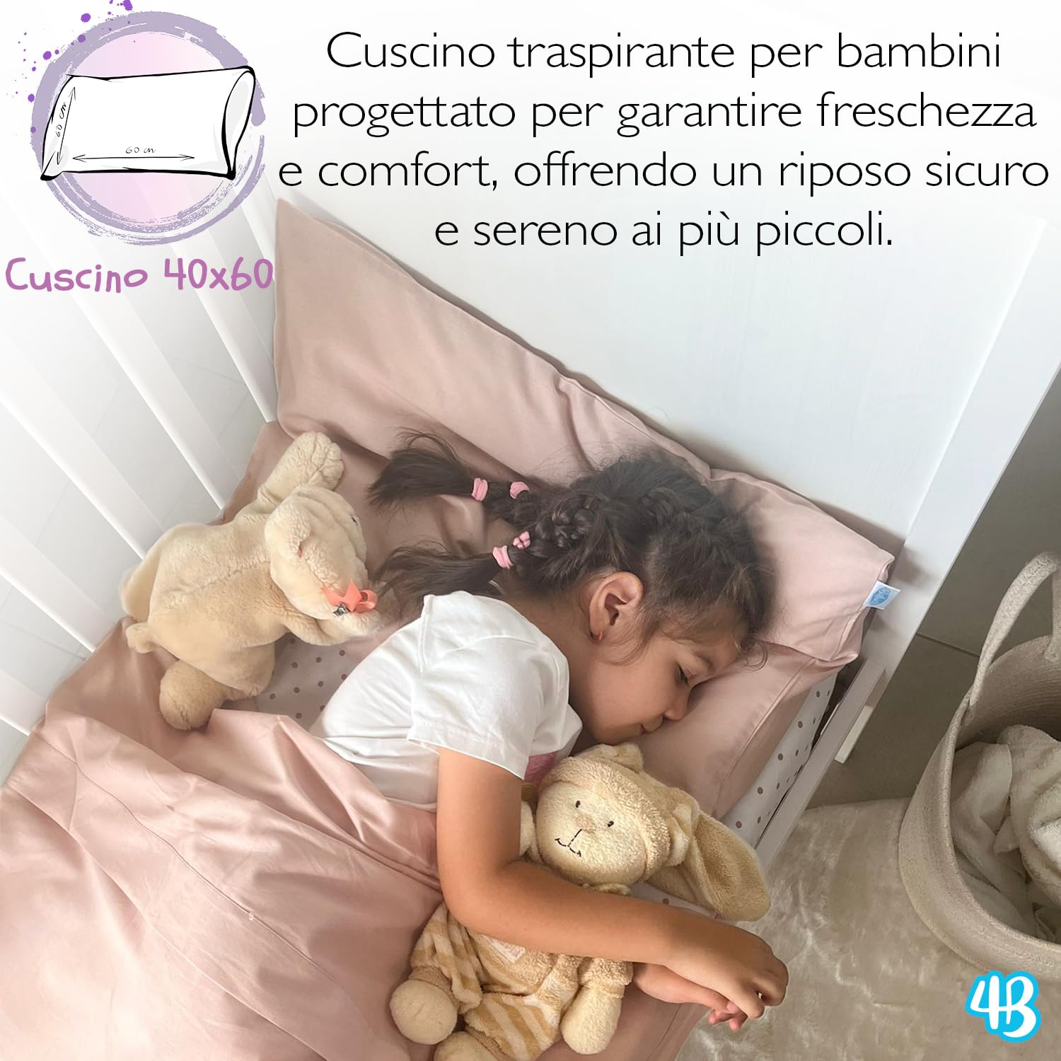 4BABIES - Cuscino Lettino Bambino 40x60, Cuscino per Bambini Traspirante Anallergico con rivestimento in Cotone 100% Italiano, Antiacaro Ipoallergenico per culla