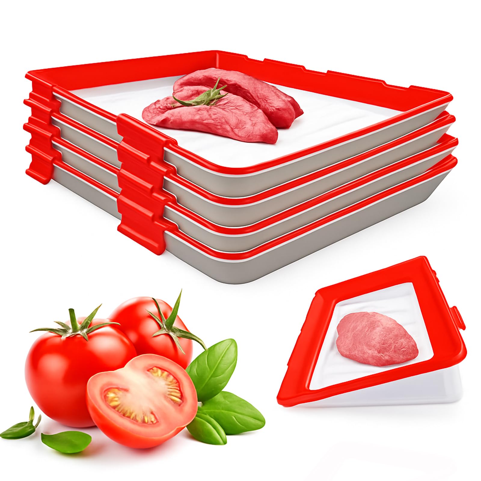 Tndckp Red*2 Reusable Food Preservation Trays With Lids, Stackable Food Preservative Tray, Storage Crudites Tray For Vegetable Salad And Various Foods (Red*2)