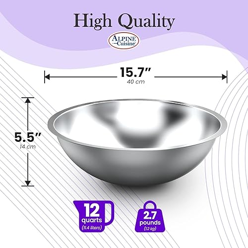 Miniatura 8 de Alpine Cuisine Tazón de acero inoxidable de 12 cuartos de galón  Preparación duradera y ensaladera para hornear, preparar alimentos y tirar  Acabado