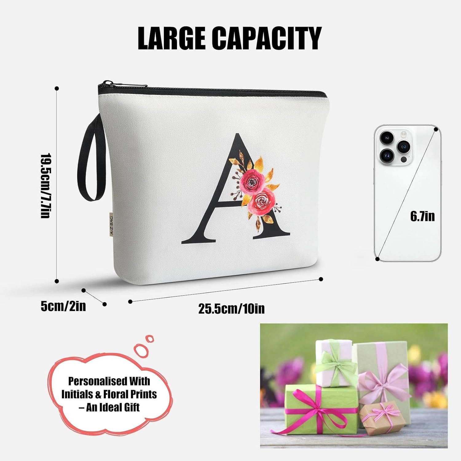 A-Z BAG Personalized Makeup Bag, Birthday Gifts for Women Mom, Gifts for Best Friend, Bride Bridesmaid Cosmetic bag (K, White) - Image 4