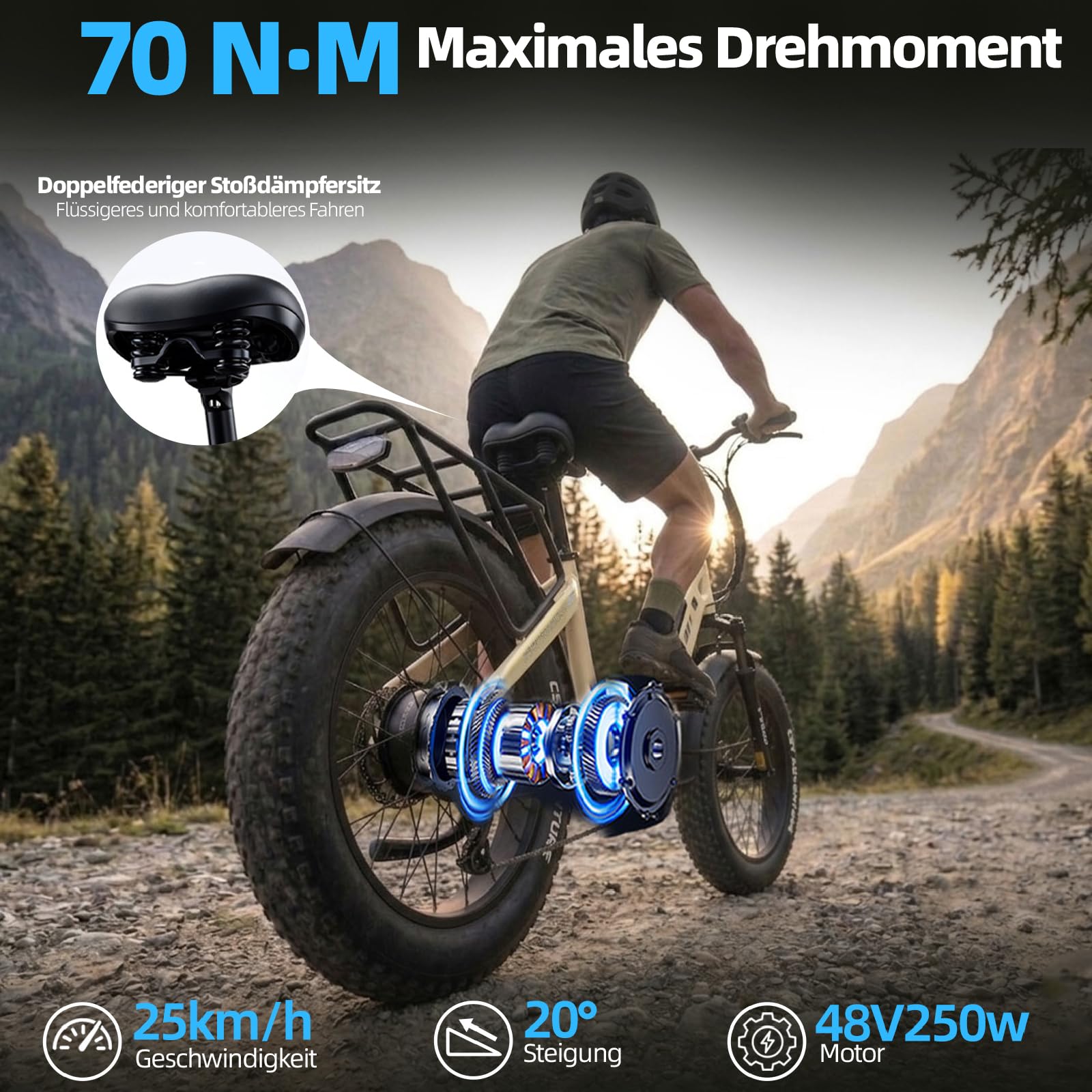 TTGO F6 Boost Vélo électrique 20" Fatbike pliable pour homme et femme Batterie 48 V 18 Ah 250 W 70 Nm, jusqu'à 150 km, pour ville, trajets et excursions