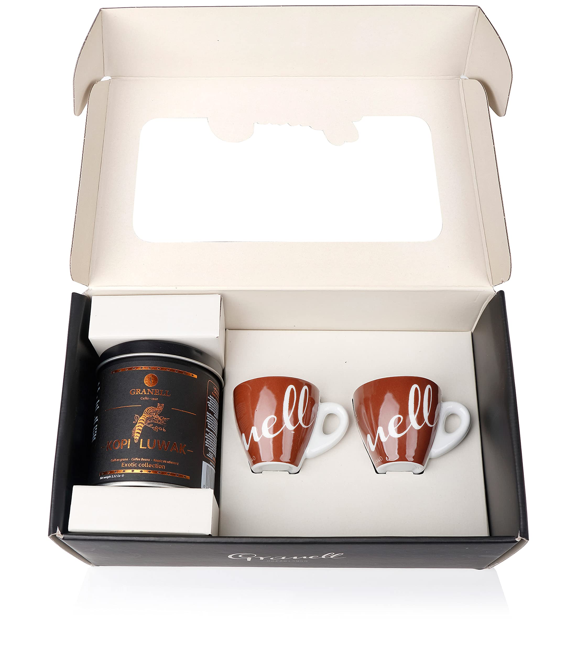 Granell Cafés · 1940 - Caja Regalo Café en Grano Kopi Luwak | Pack Regalo Compuesto por Café en Grano Natural + 2 Tazas Café Granell