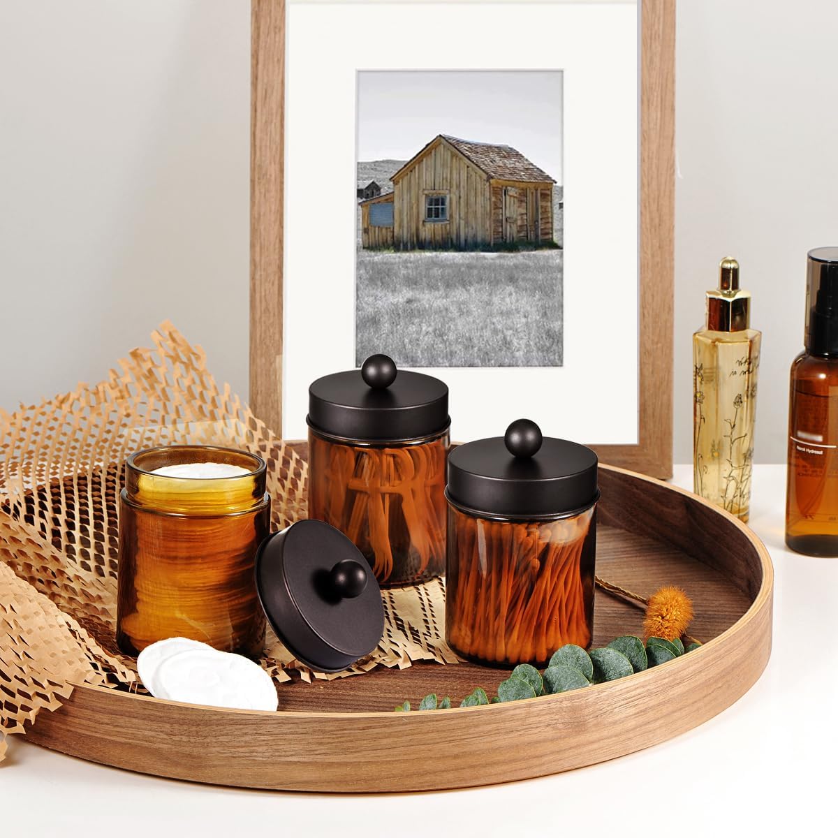 Amber Glass Qtip Holder, Apothecary Jars with brown Metal Lid & Stickers-Bathroom Qtip Dispenser Storage Organizer Set,Vanity Counter Canister for Cotton Swabs,Round Pads,Floss (3 Pack,bronze)