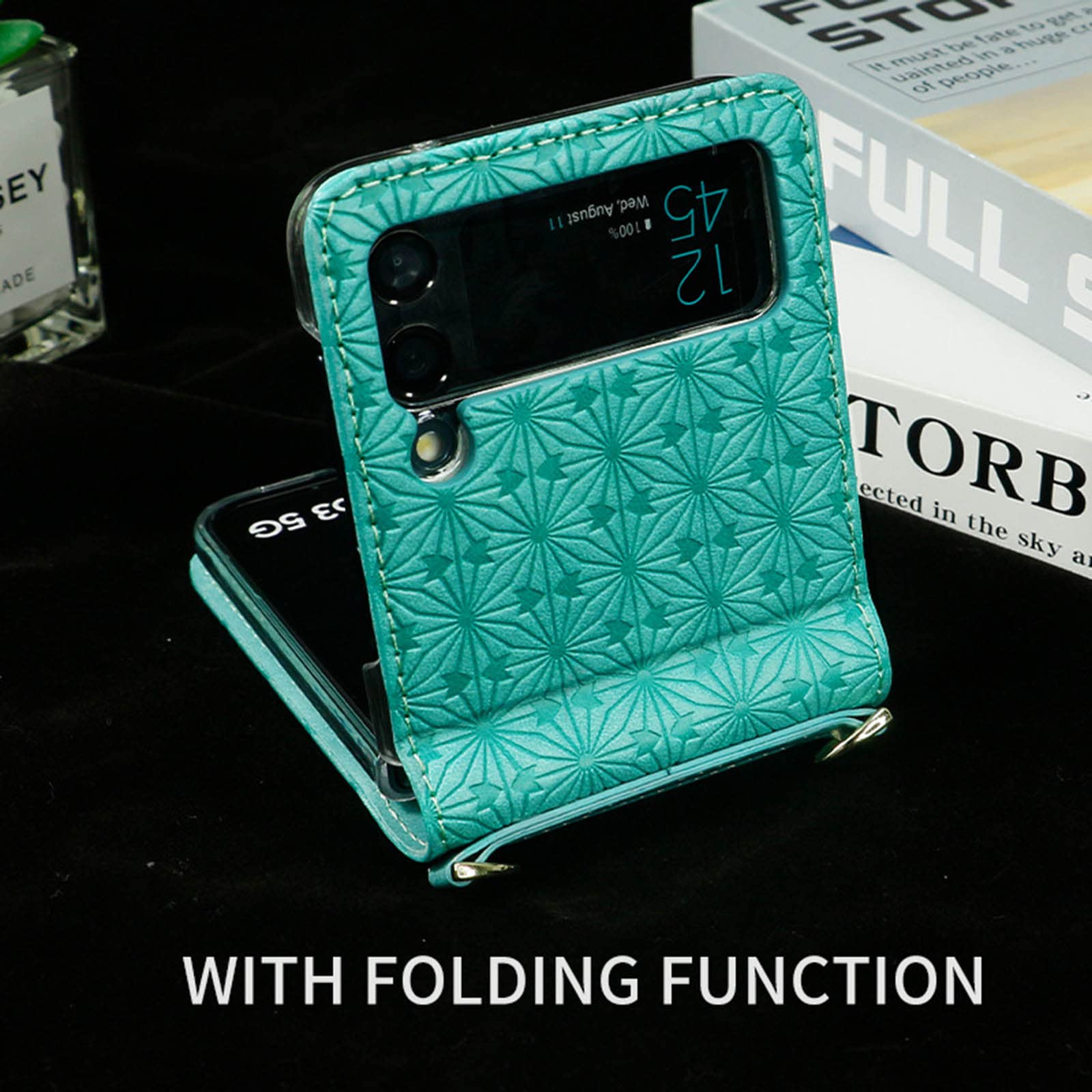 Etui do Samsung Galaxy Z Flip 3 5G z regulowanym paskiem do noszenia przez ramię, kwiat wytłaczany wysokiej jakości skóra PU twardy PC składany pokrowiec dla dziewcząt kobiet, czerwony