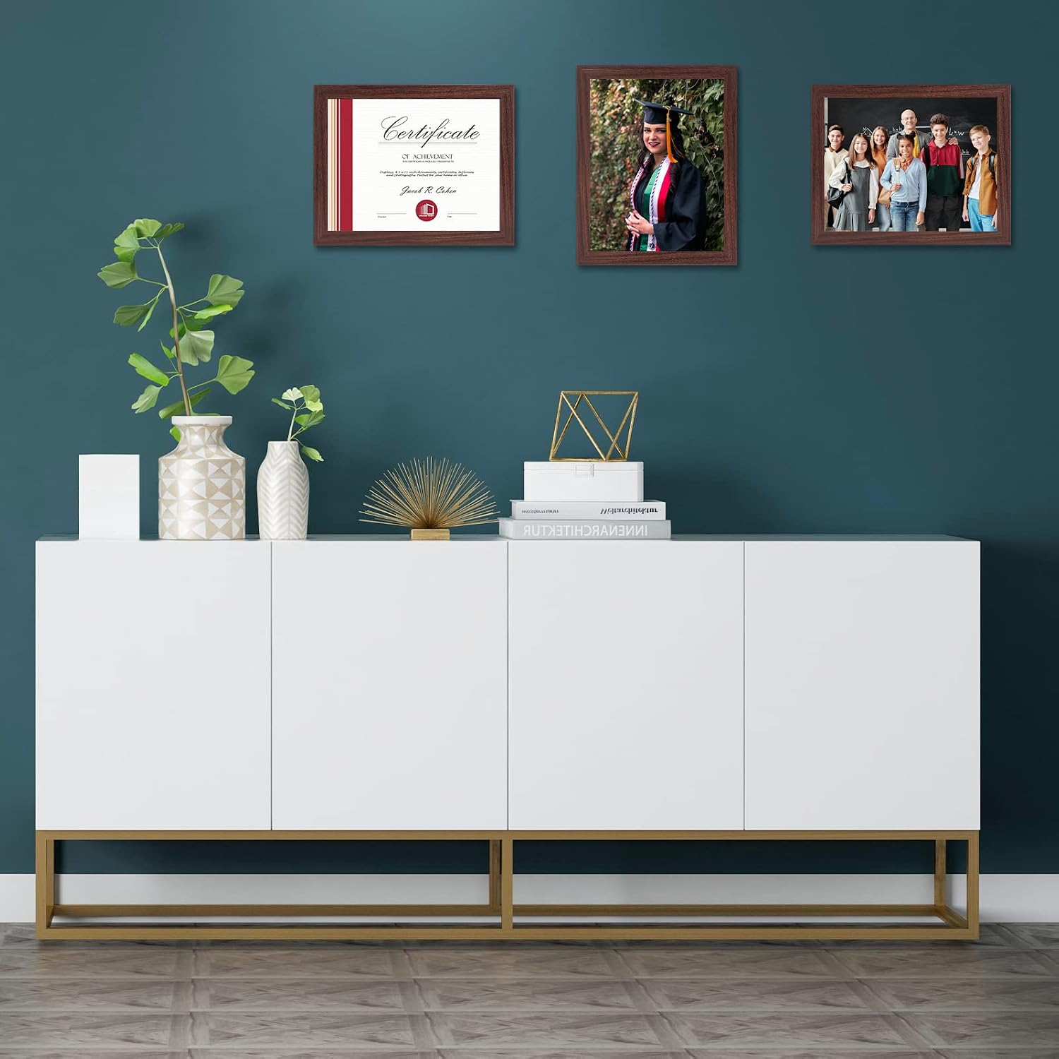 Frametory, 8.5 X 11 Certificate Frame with Back Hangers for Wall Display, Easel Stand Picture Frame for Diploma, Documents, Awards, Wide Molding (Walnut, 2-Pack)
