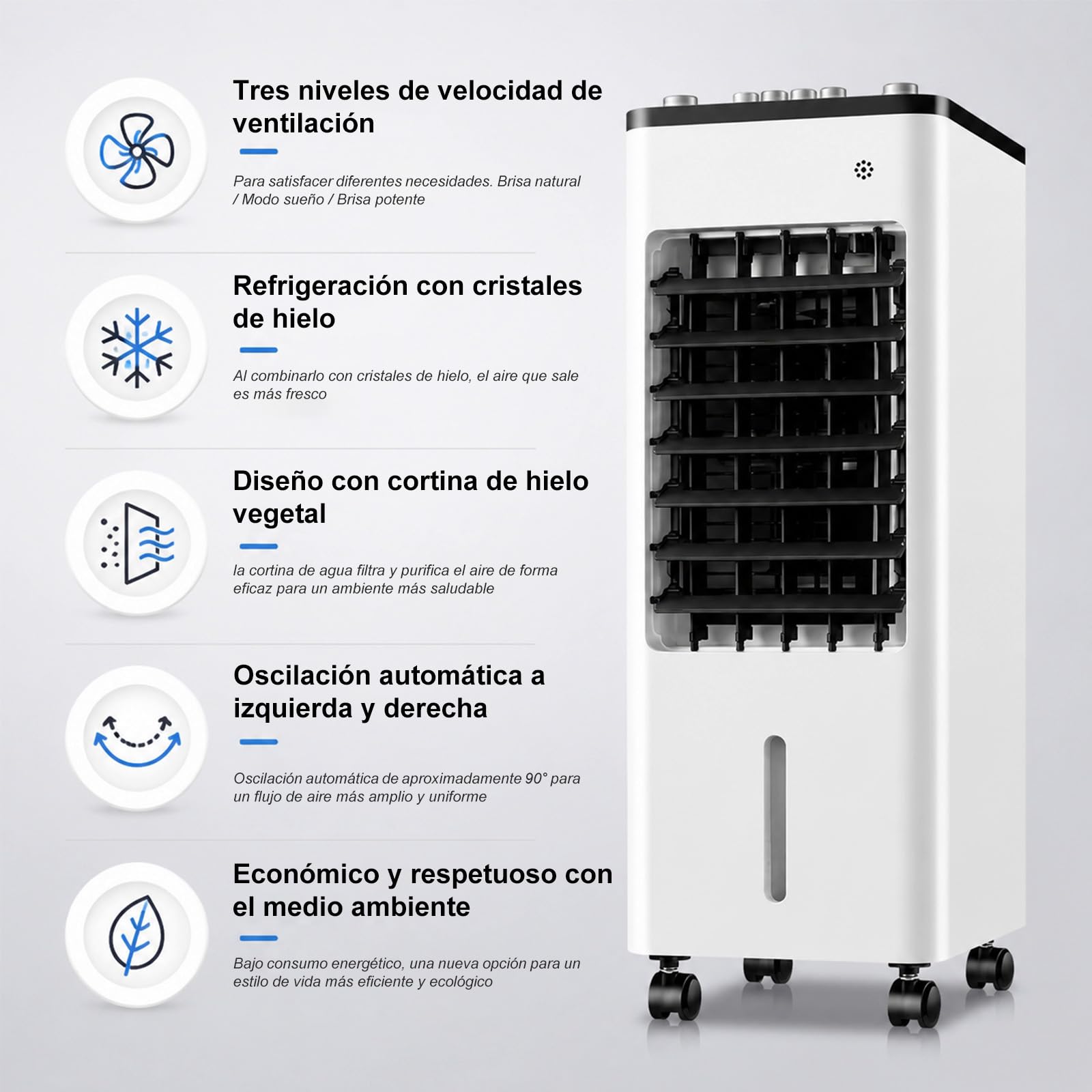 Climatizador Portátil Evaporativo,Oscilación 90°,3 Velocidades y Modo Sueño | Enfriador de Aire con Cristales de Hielo 75W Bajo Consumo, Depósito 4,1-6L,con Mando a Distancia y Ruedas para Hogar Oficina