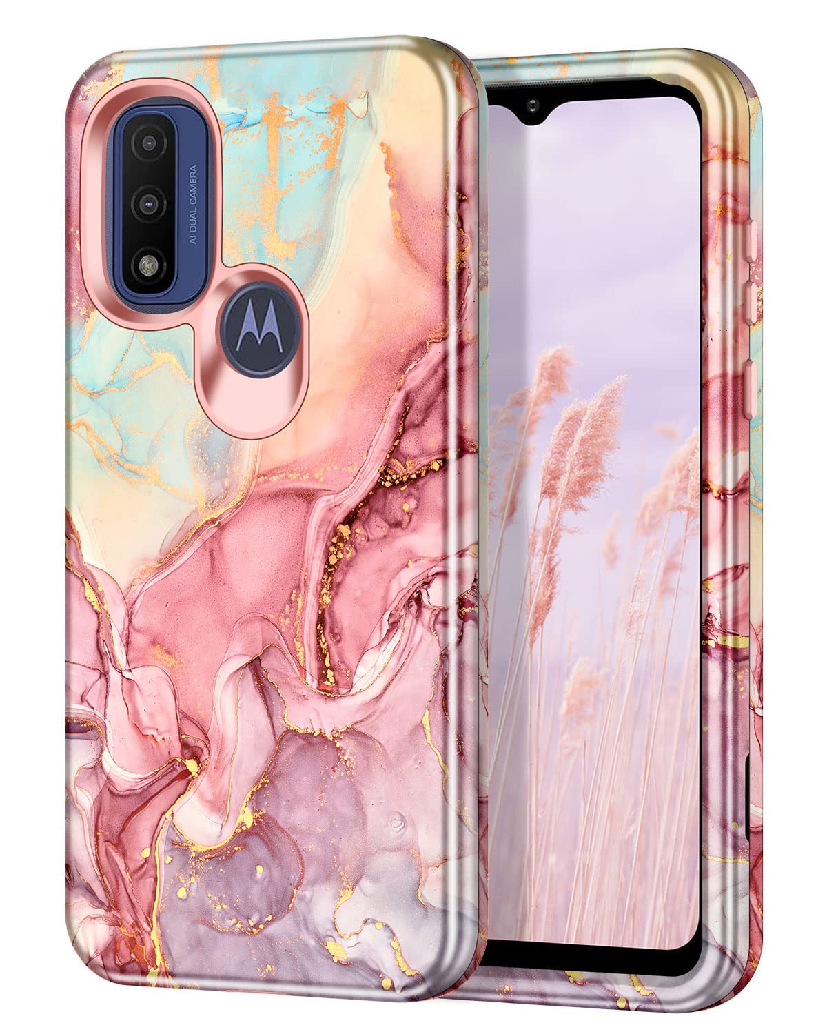 Btscasefor Motorola Moto G Pure 2021 Case/Moto G Power 2022 Case, Marble Pattern 3 in 1 Heavy Duty Shockproof Full Body Hard PC+Soft Silicone Drop Protective Women Girls Phone Case, Rose Gold