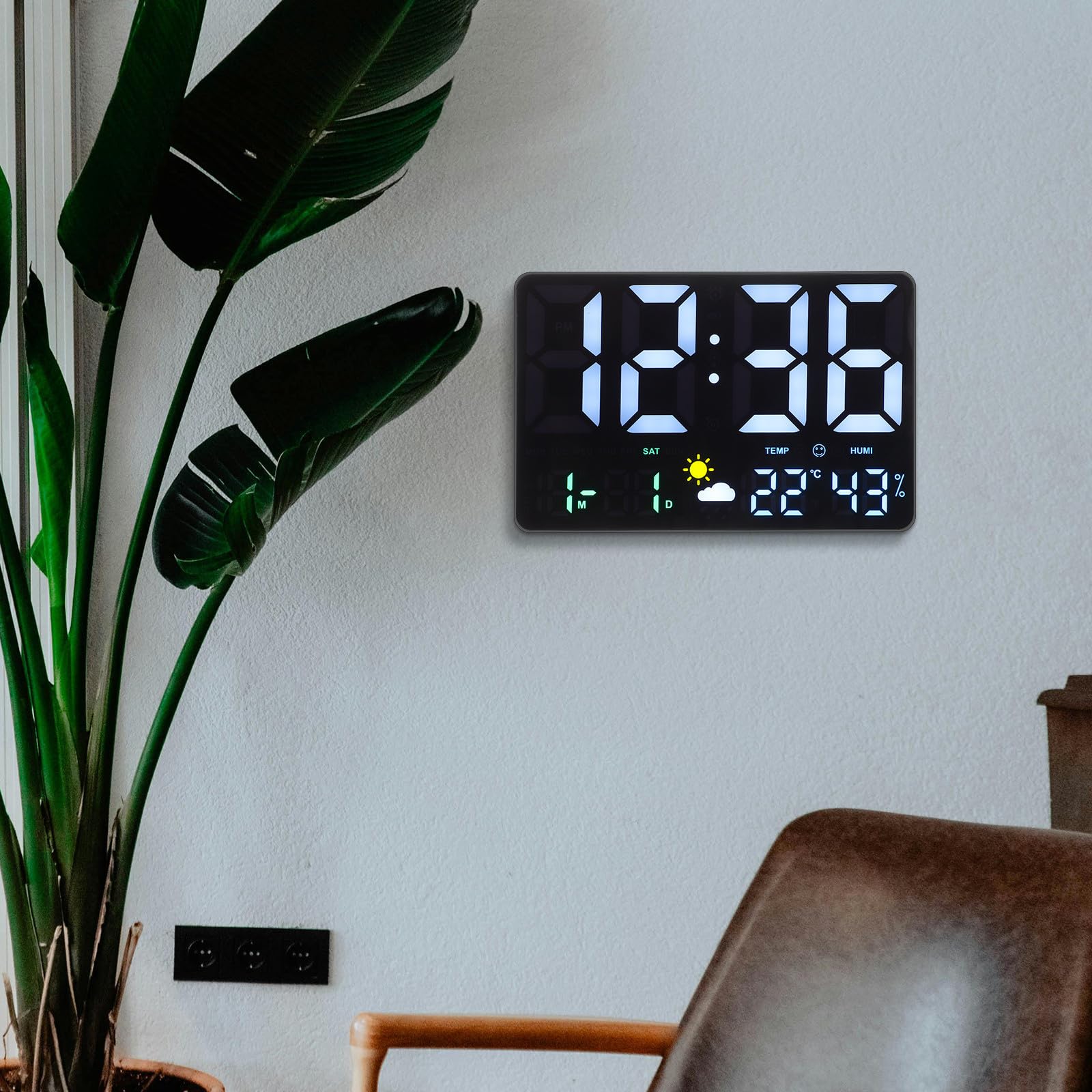 Orologio da Parete Digitale Grande Display Led, Funzione Meteo e Rilevamento Temperatura, Design Moderno in Plastica Nero per Ufficio e Soggiorno