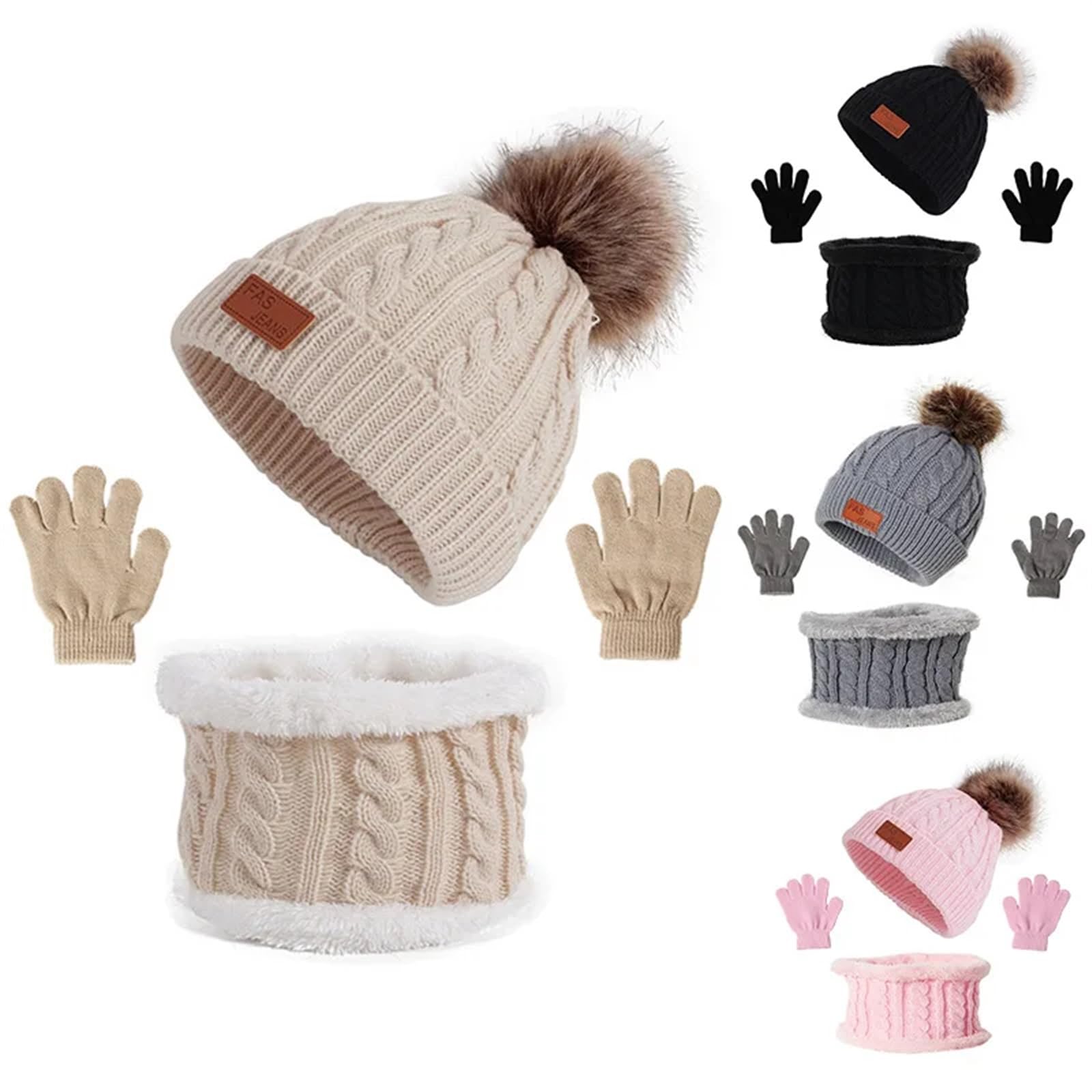 Conjunto de 3 uds. De Gorro de Invierno for bebé, Gorro con pompón for niño, Gorro Tejido Bonito y cálido, Bufanda, Guantes, Traje for niña y niño, Gorro Infantil Informal(Pink Suit)
