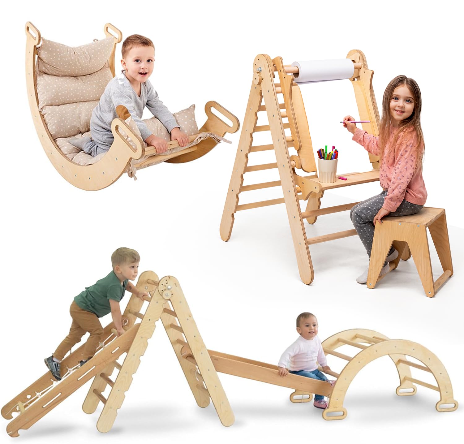6-in-1 Indoor Climbing Frame for Toddlers - Wooden Triangle, Arch & Climbing Ramp & Net & Cushion, Art Addition, Montessori Climbing Frame, Kids Wooden Gym, Foldable Climbing Toys for Kids 1-7 Age