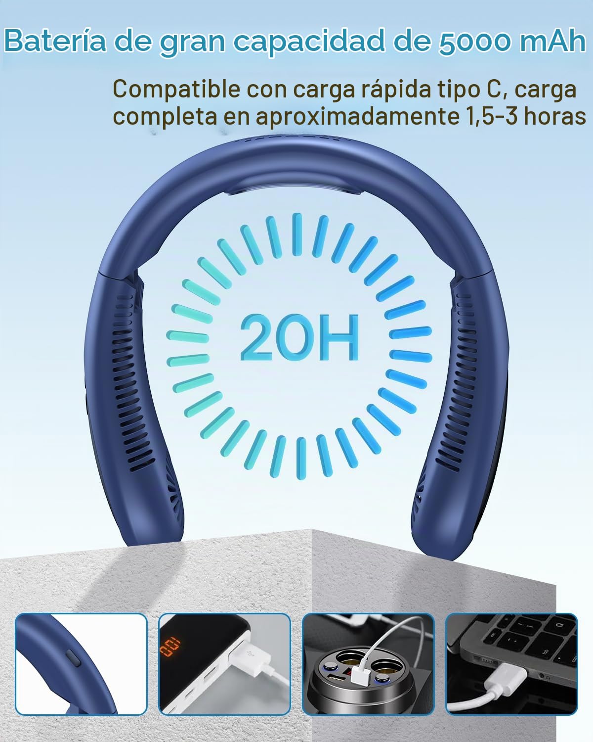 Aire acondicionado para el cuello, ventilador portátil para el cuello con placa de refrigeración, flujo de aire de refrigeración de 360°, ventilador USB recargable de 5000 mAh, manos libres, sin aspas