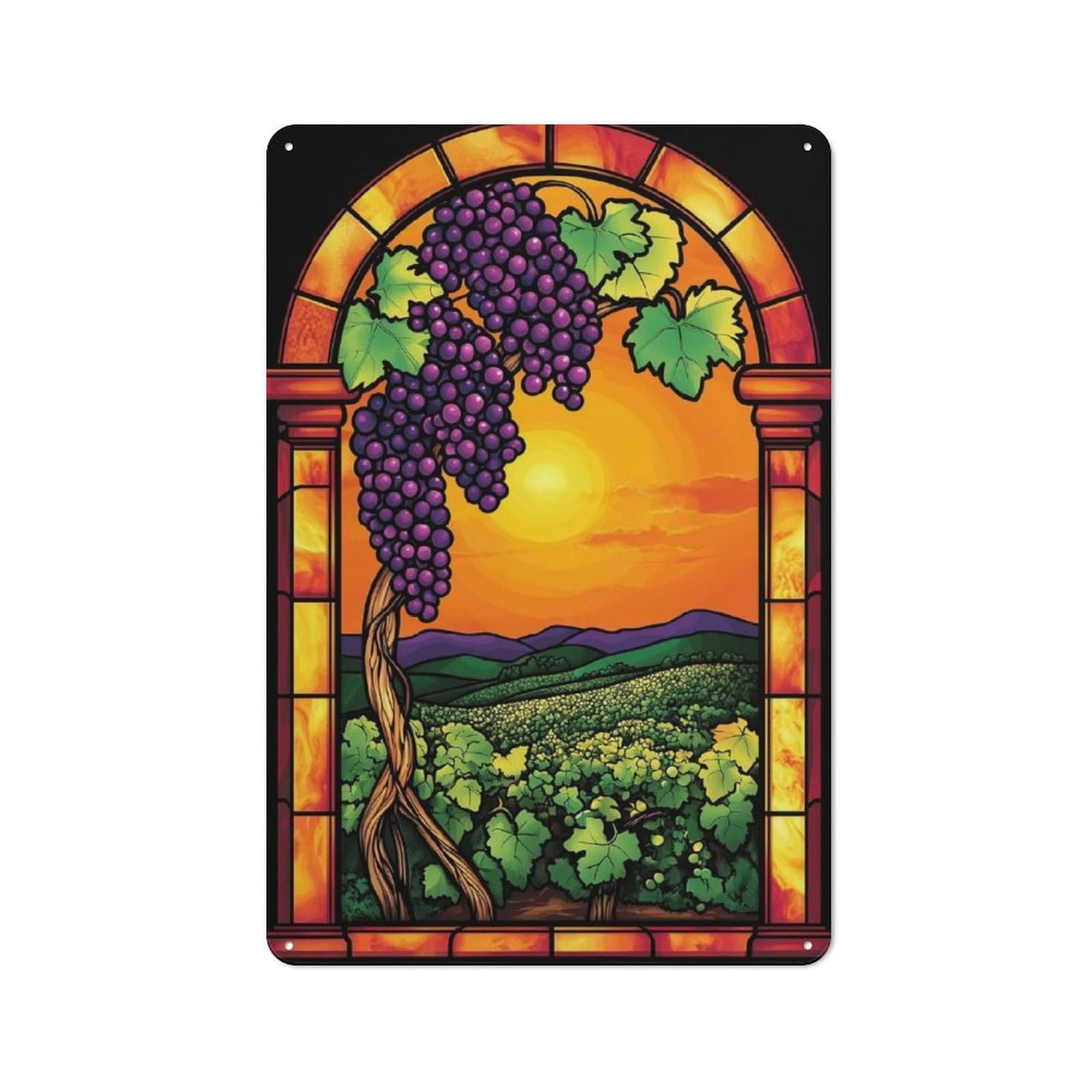 Junmoney Vineyard Sunset Stained Glass Rustic Metal Plaque 30X20cm For Dining Room Or Kitchen, A Housewarming Gift For Dining Room Decor Fans