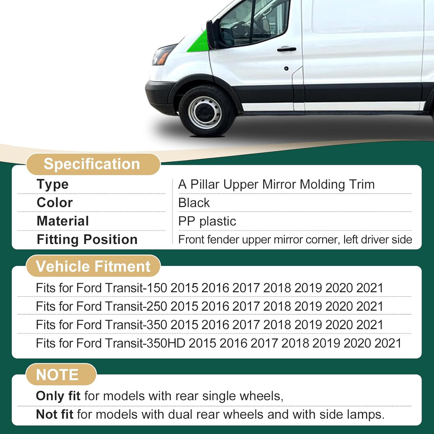 Exterior Fender Upper A-Pillar Mirror Corner Triangle Molding Panel Plastic Trim with Clip Fits For Ford Transit 150 250 350 350HD 2015 2016 2017 2018 2019 2020 2021, Fits for Ford E-Transit 2022 2023