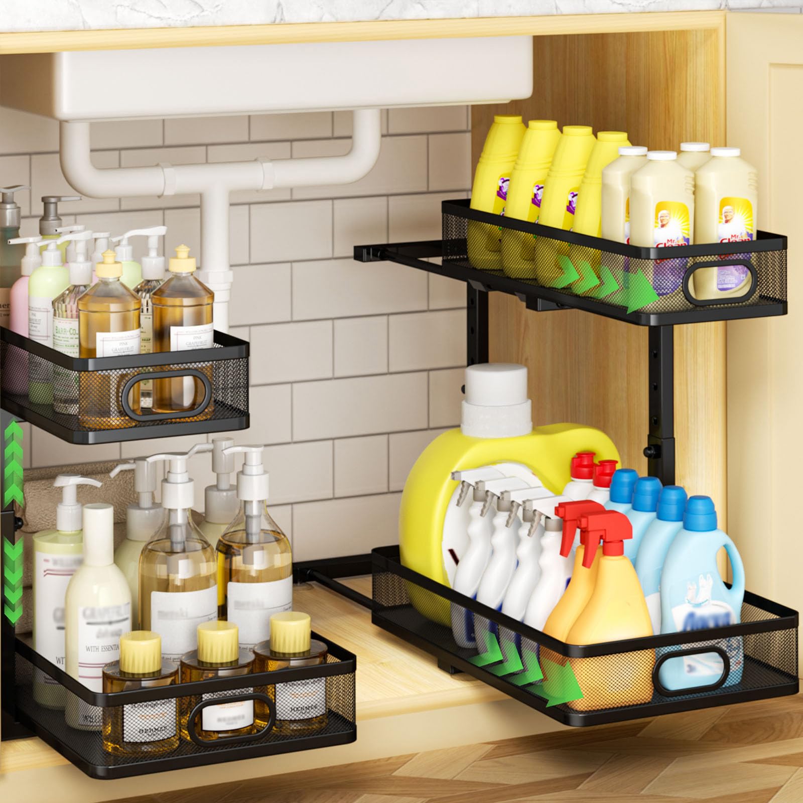Photo 1 of AURIKAR Under Sink Organizer 2-Pack, Metal 2-Tier Pull-Out Cabinet Shelf with Slide-Out Mesh Drawers, Height Adjustable, Space-Saving Under Sink Storage Racks for Kitchen, Bathroom, Laundry Room