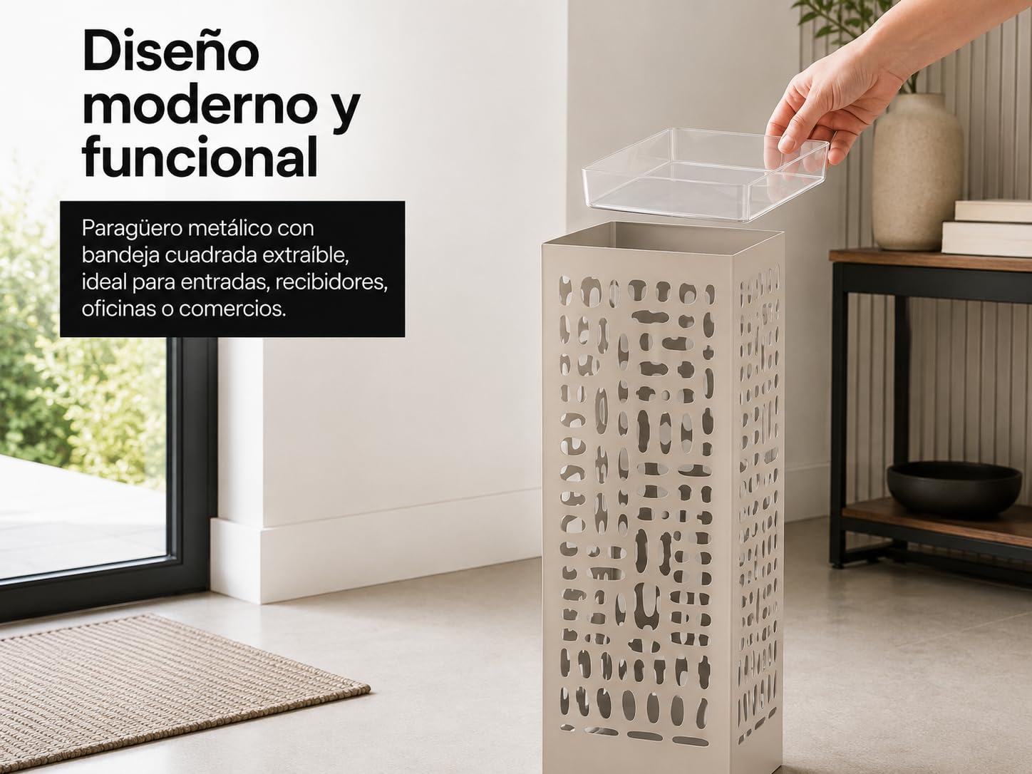 NORDIQ Paraguero Metálico Diseño Lineal Beige Elegante y Funcional para Entrada Oficina