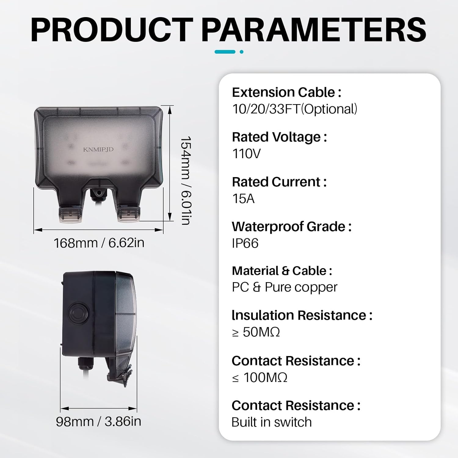 Outdoor Power Outlet Box, 20FT Outdoor Outlet Box with Extension Cord, 15A 110V Outdoor Electrical Outlet, Outdoor Outlet with Switch Indicator Light, for terraces, Gardens (Black, 20FT)