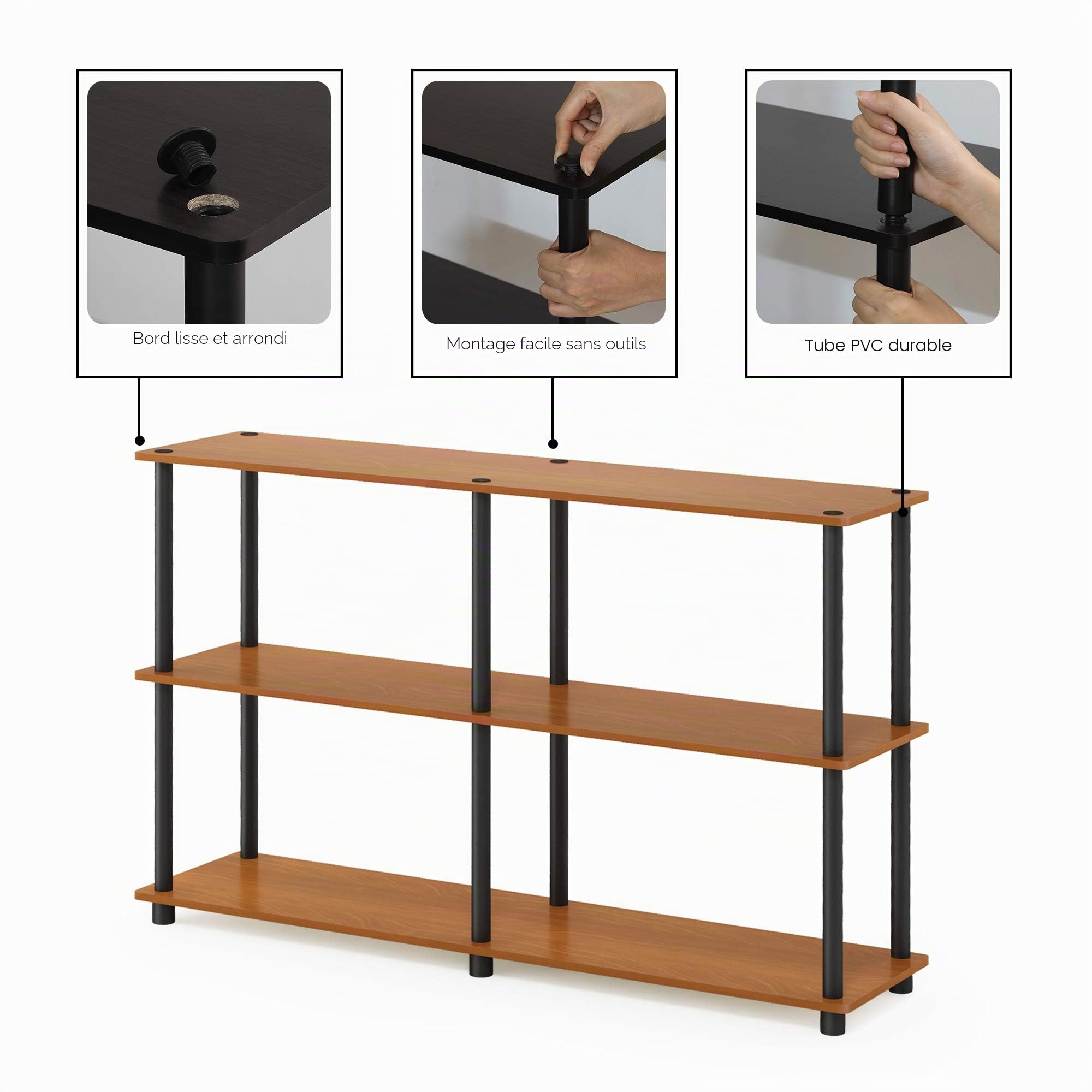 Furinno Turn-N-Tube Présentoir de Stockage Double Taille à 3 Niveaux, Cerisier Clair/Noir, Bois dense, Light Cherry/Black, One Size
