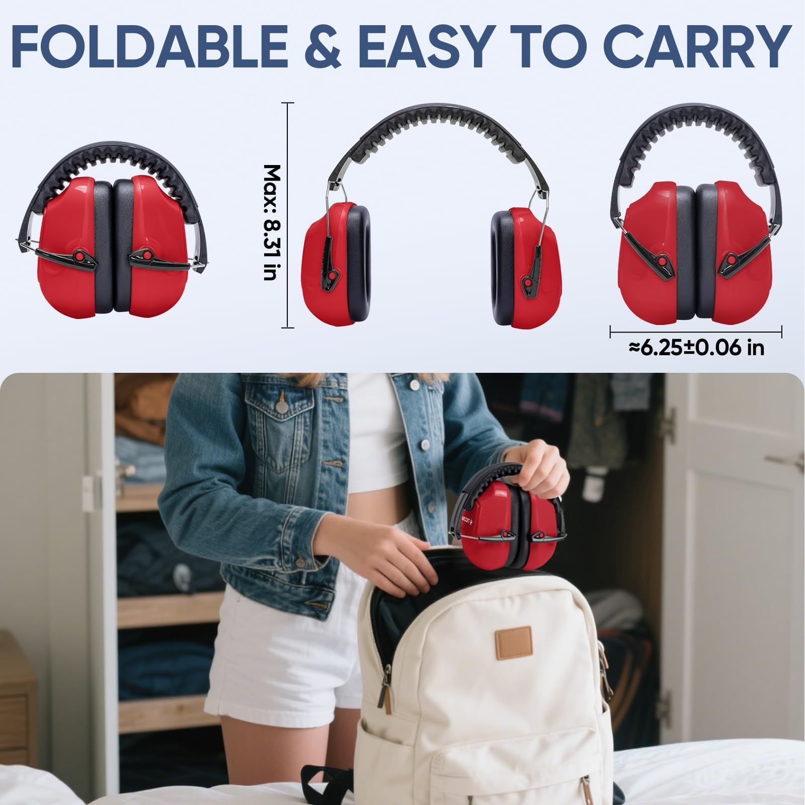 TICONN Noise Cancelling Ear Muffs for Adults, SNR 33dB Hearing Protection, Adjustable Safety Earmuffs for hunting, Construction (Red) view 6