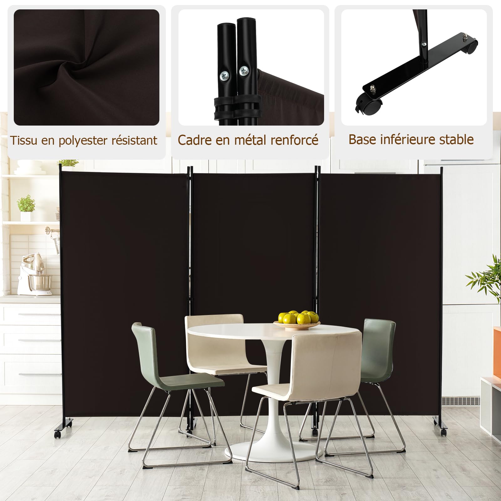 GIANTEX 262 x 180 cm - Paravent de séparation de pièce avec roulettes - en 3 Parties - Autonome - Pliable - Mur Espagnol - en Tissu - Fer - Protection privée pour Chambre à Coucher (Marron)