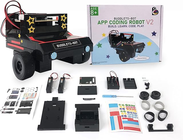 Buddlets-Bot Robot Toy Kit for Kids Ages 8-12 - STEM Coding Robotic Toy Car for Beginners - Engineering DIY Building Kit with Voice, Coding & App Controlled Robot (Black)