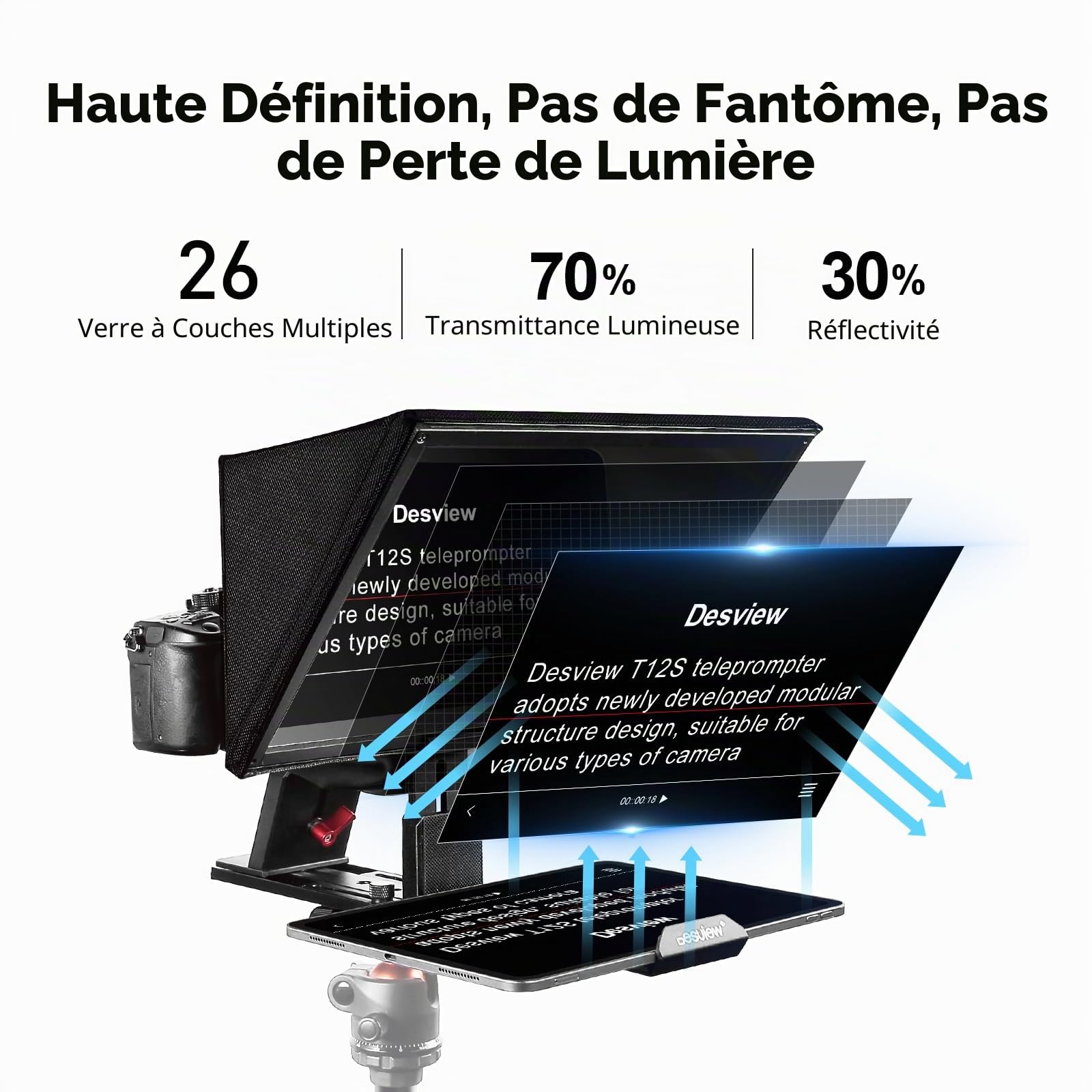 Desview T12S Téléprompteur en Alliage d'aluminium, écran Haute résolution de 12,9 Pouces, téléprompteur en métal avec télécommande APP Compatible avec iPad, Tablette, Smartphone pour caméscope DSLR