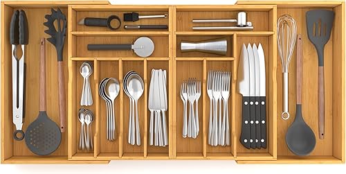 Suli Organizador de cajones de cubiertos grande, cubiertos de cocina ajustable para tenedores, cuchillos y cucharas, soporte para utensilios de
