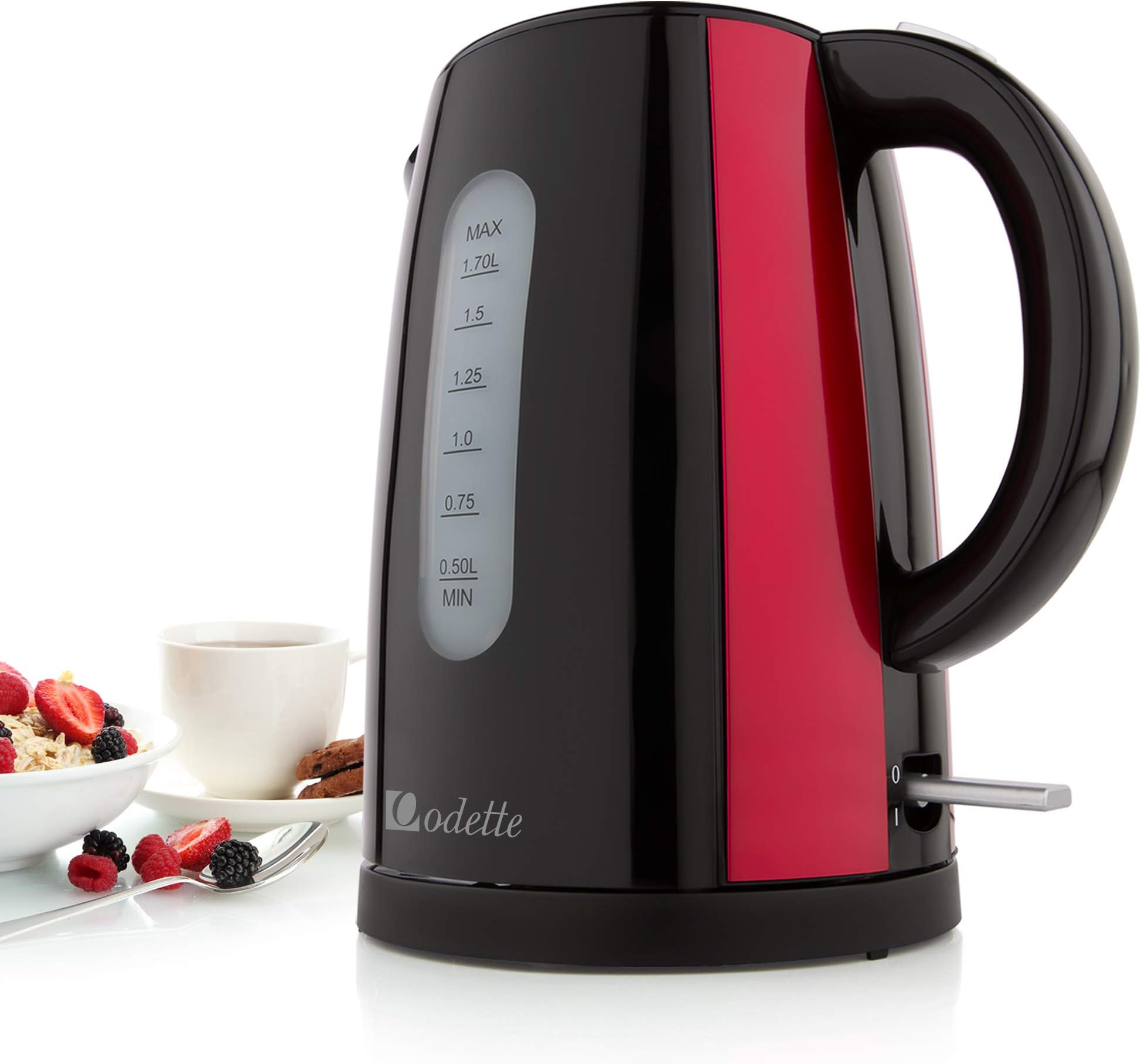 Odette Fast Boil 7 Cups (1.7 Liter) BPA-Free Red and Black Electric Hot Water Kettle for Tea, Coffee with Auto Shut Off, Boil Dry Protection and Cool Touch