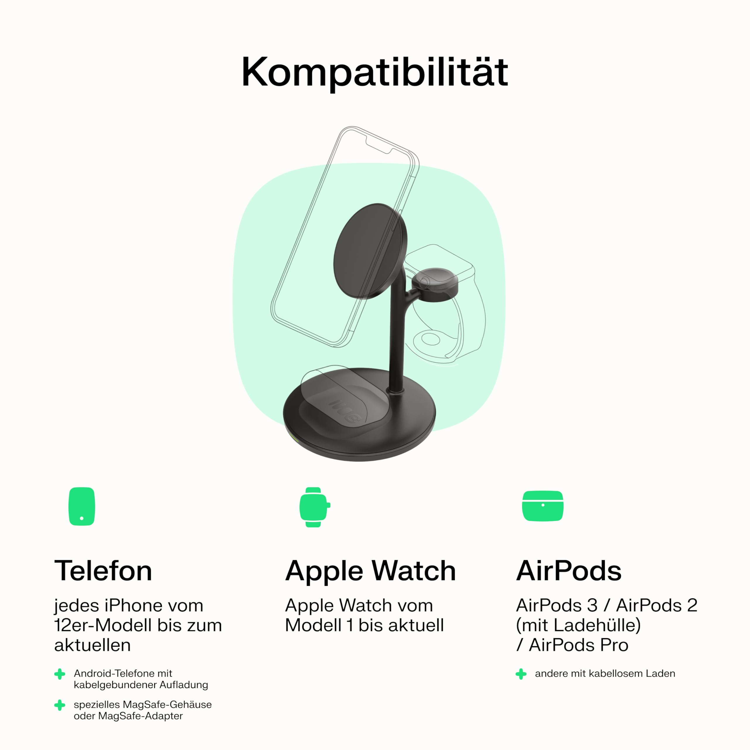 Greencell MagScape MagSafe 3 w 1 MagSafe ładowarka do iPhone 16/15/14/13, Apple Watch, AirPods – indukcyjna stacja ładująca kompatybilna z etui, szybkie ładowanie do 15 W (biała)