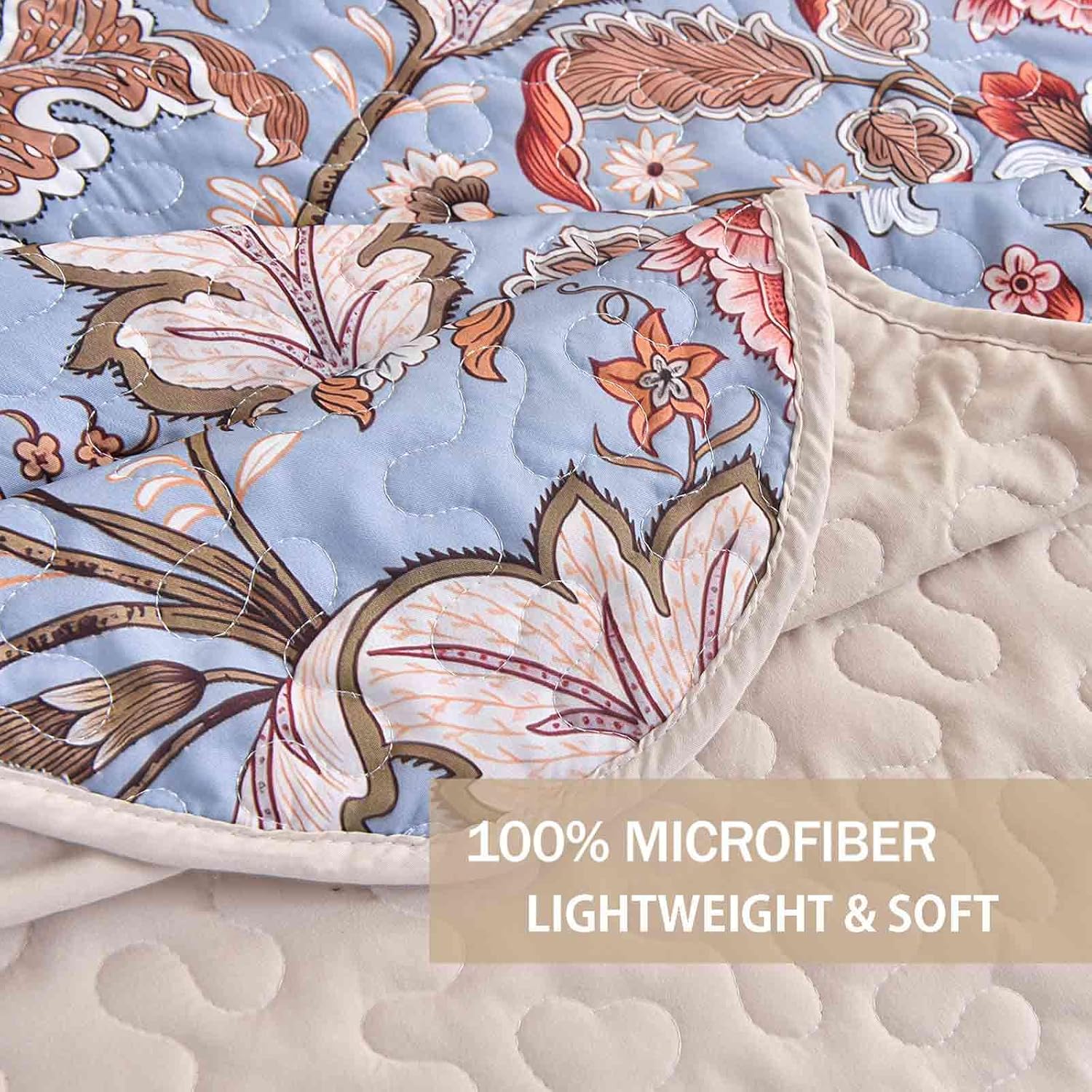 Nanko Quilt Set King Size 3Pcs, Blue Red Tan Beige Floral Oversized Scallop Bedspreads, Soft Lightweight Coverlet Bed Spreads Farmhouse Thin Quilted Comforter Vintage Bedding Set Women Men 106x92 in