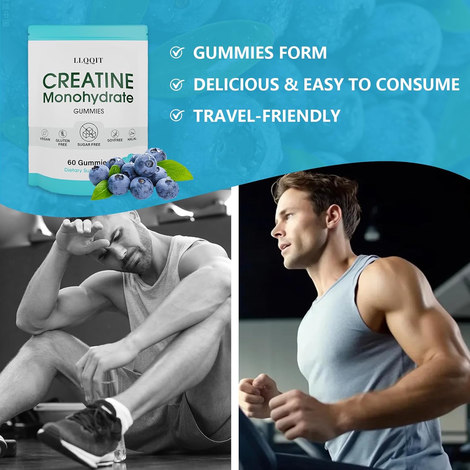 Creatine Monohydrate Gummies for Men & Women - 3g of Blueberry Creatine Gummies - Sugar-Free,Vegan,60 Count