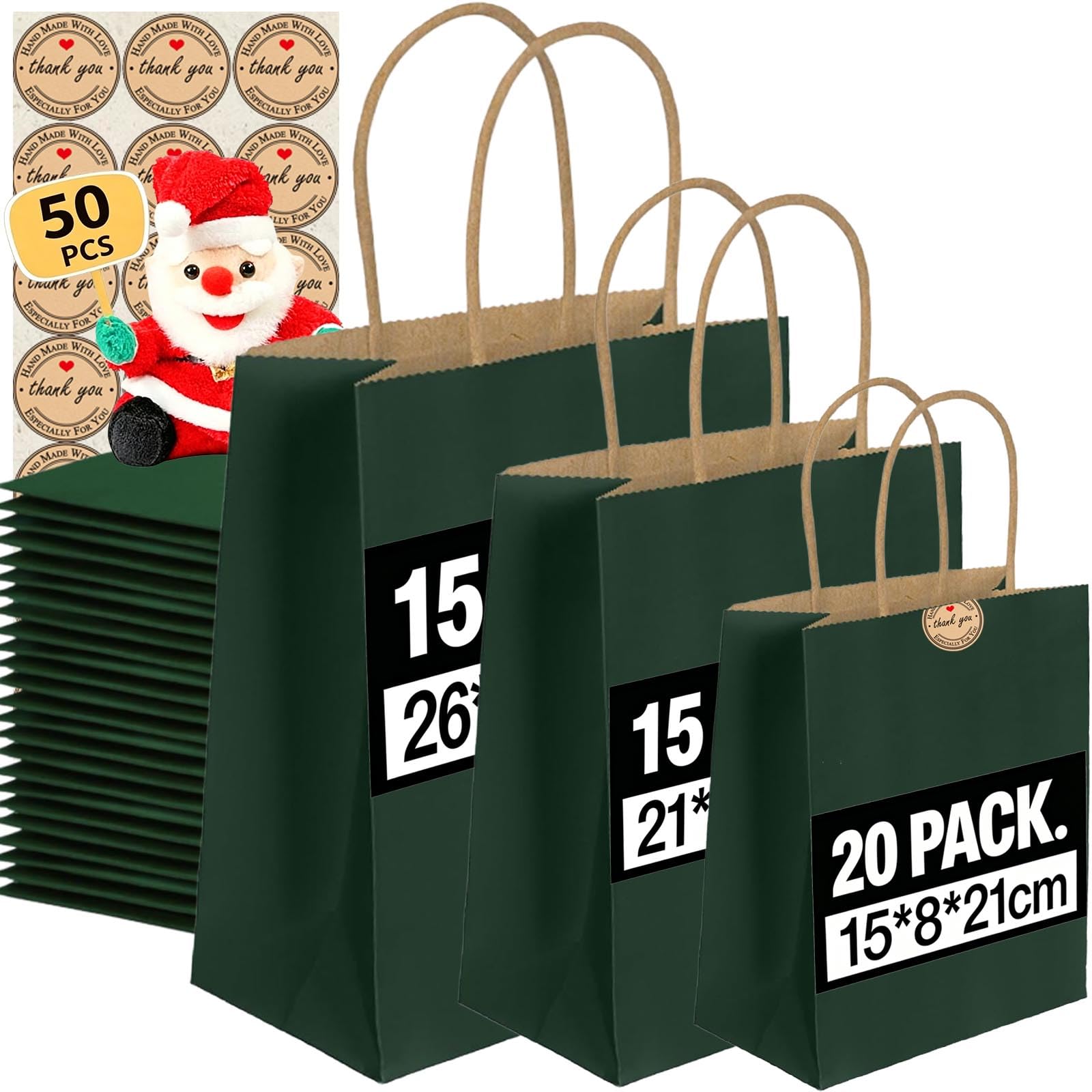 50PCS Kraft Paper Bags With Handles - Mixed Size Gift Bags for Business, Shopping, Retail, Party, Favor, Merchandise,Sacks Restaurant Takeout - 130GMS Thicken Kraft bags (Dark Green-50PCS)