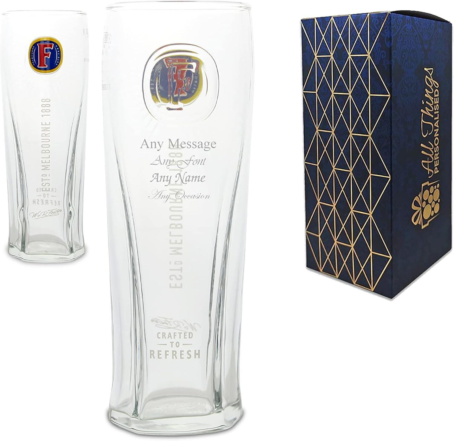 All Things Personalised Vaso Sidra Estilo Fosters 590 ml - Vaso de Cerveza Personalizado - Con Grabado Láser Nombre o Mensaje - Regalos Cerveceros para Hombre - Apto Lavavajillas, con Caja de Regalo